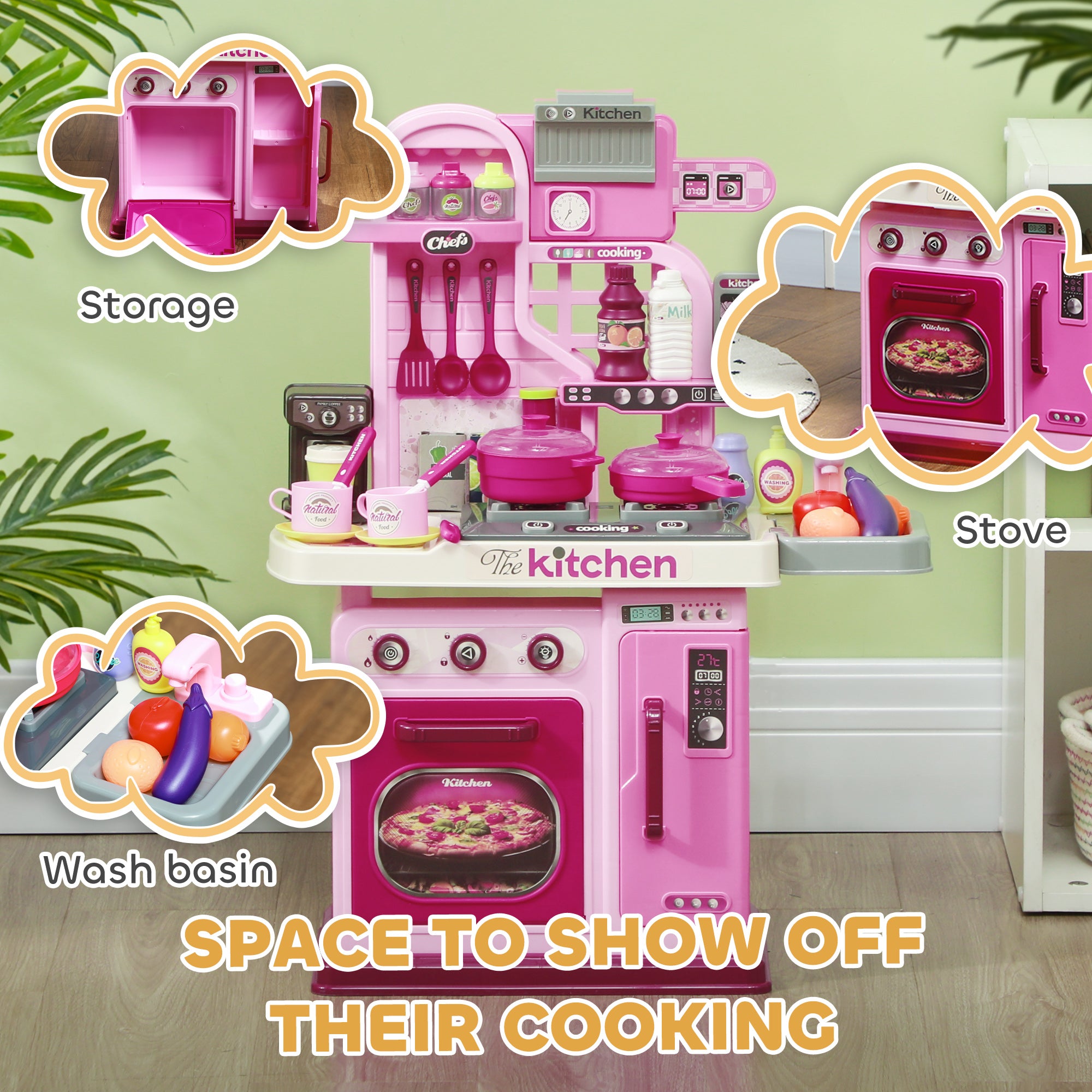 Kids Kitchen with 33 Piece Accessories, Lights, Sounds, Storage, for Children 3-6 Years, Pink