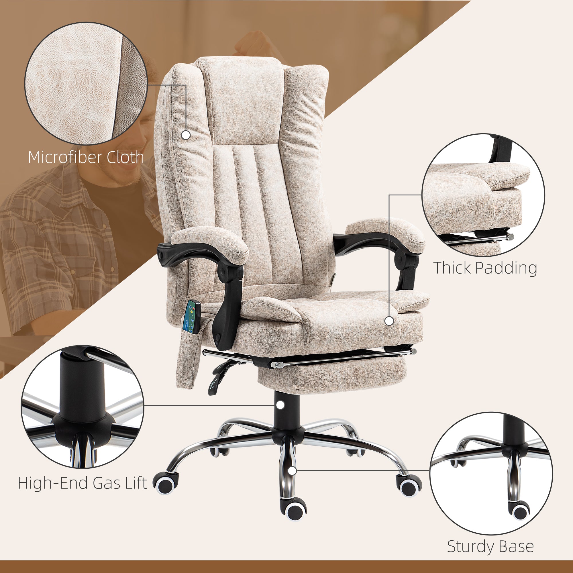 Vibrating Massage Office Chair with Heat, Desk Chair with Height Adjustable and Footrest, Cream White