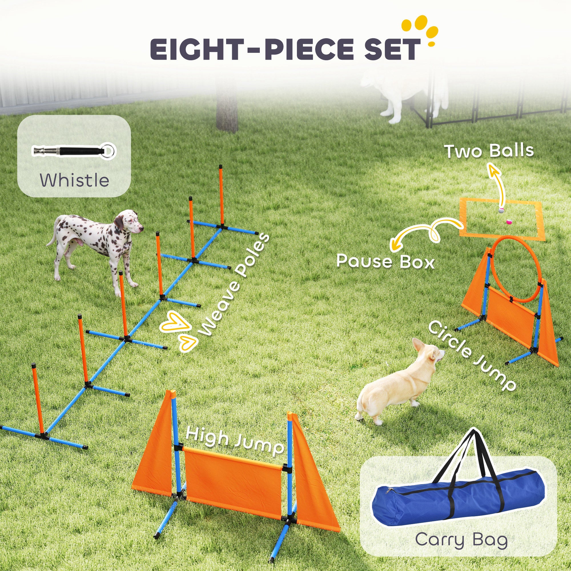 6-Piece Dog Agility Training Set with Weave Poles, Jump Ring, Hurdle, Pause Box & Carry Bag - Orange