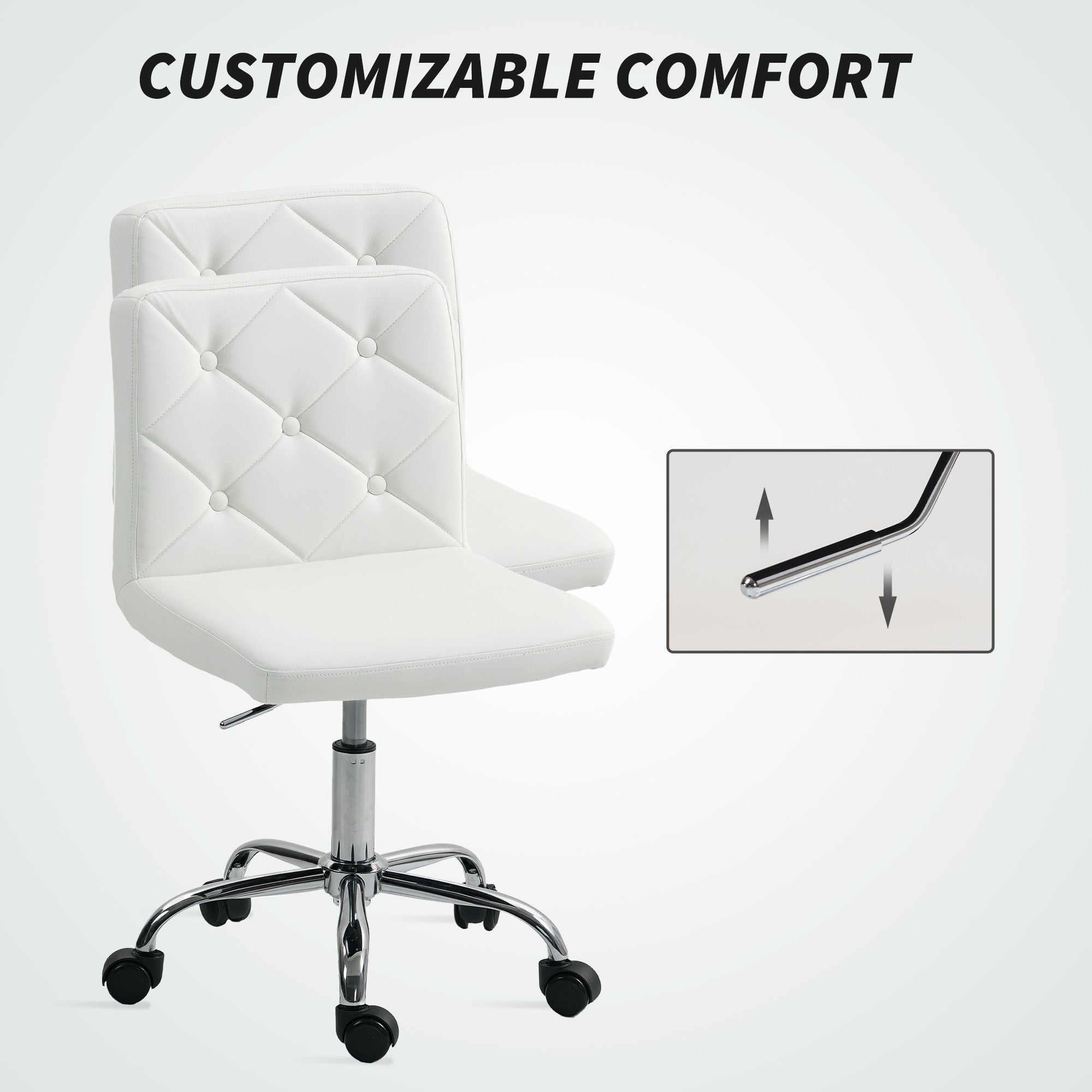 PU Leather Armless Office Chair, Modern Vanity Computer Swivel Chair with Rolling Wheels and Adjustable Height for Home Study, Bedroom, White