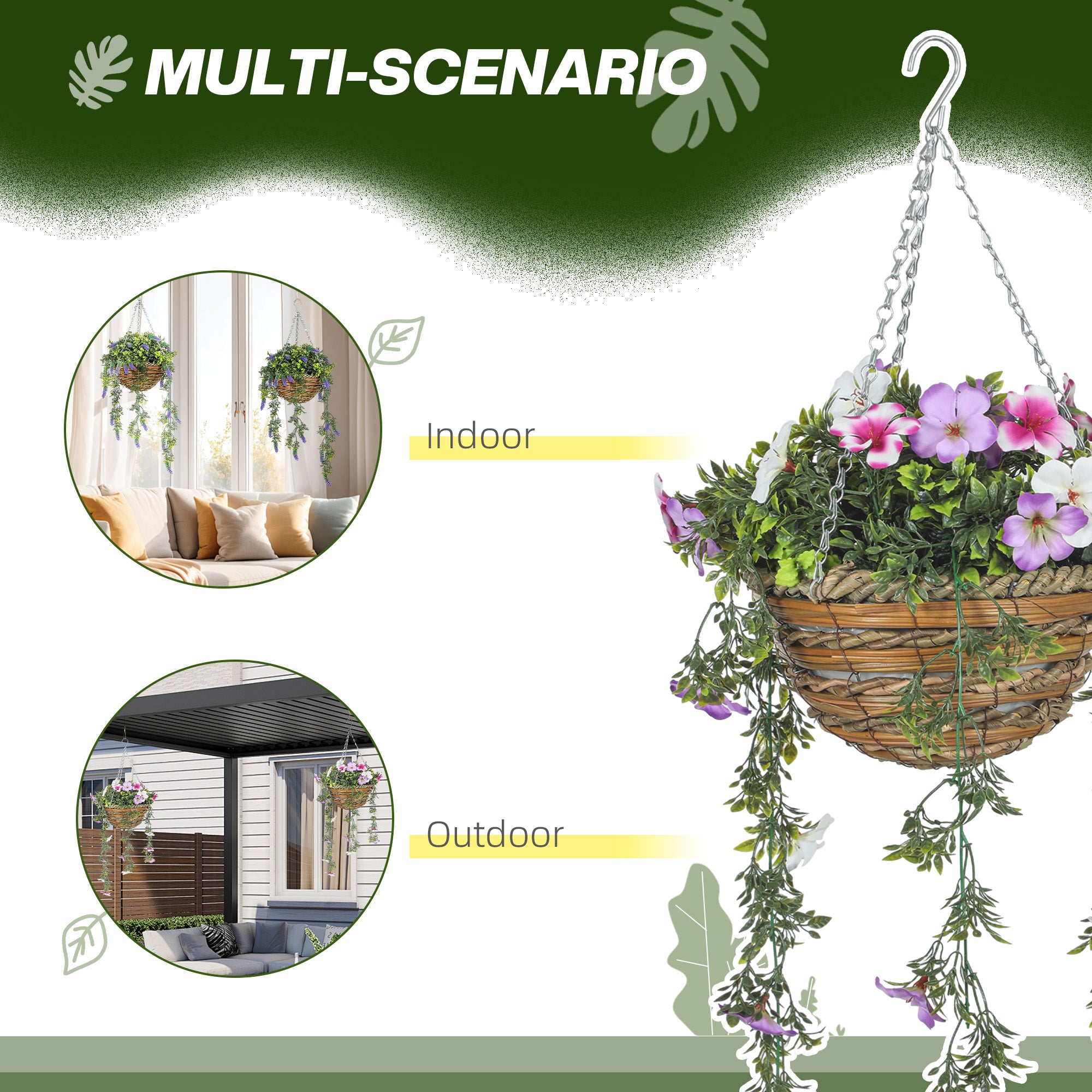 Set of 2 Hanging Faux Silk Azalea Plants in Baskets for Indoor Outdoor Decor - Pink and White