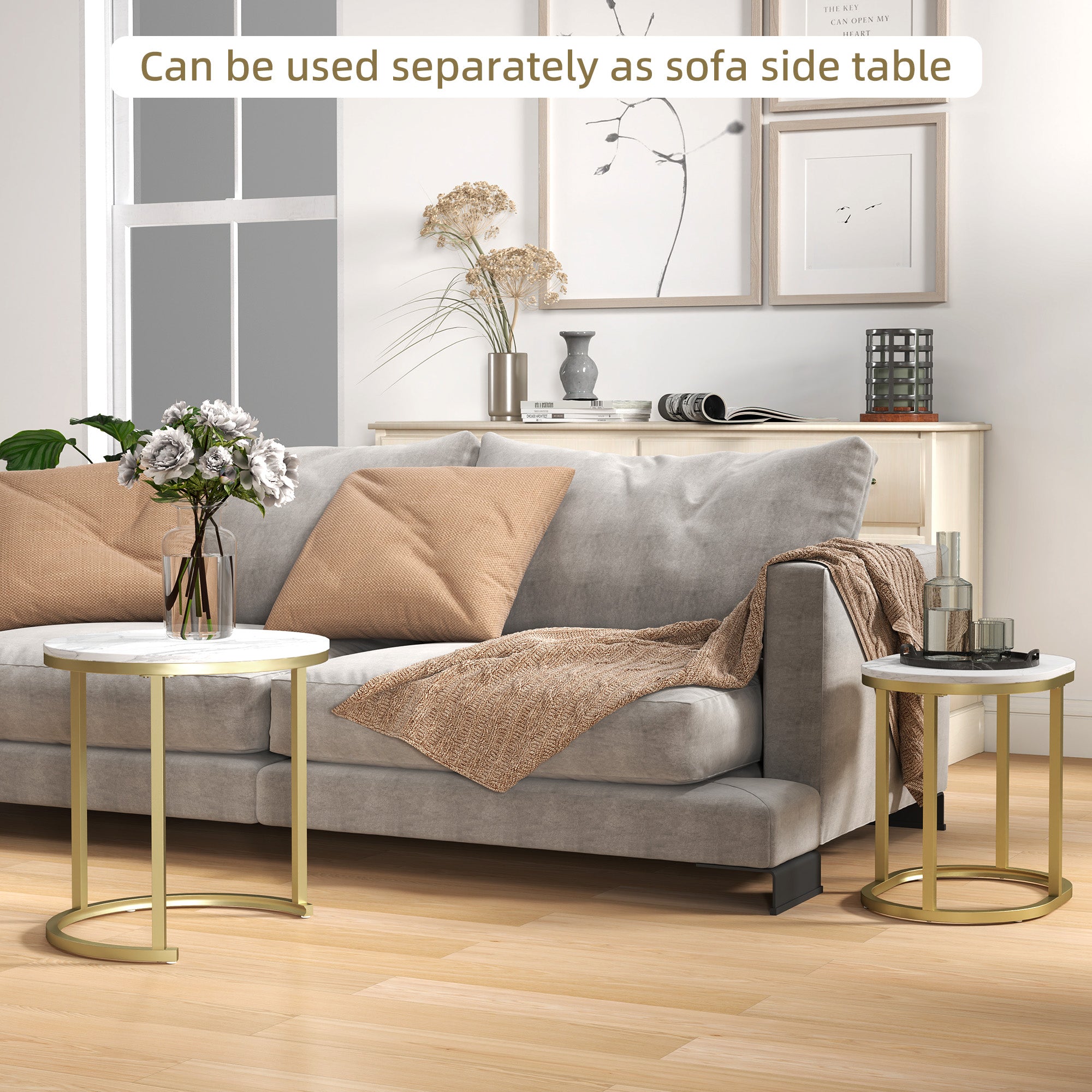 Marble-Effect Nest of 2 Tables with Gold Tone Frame - White