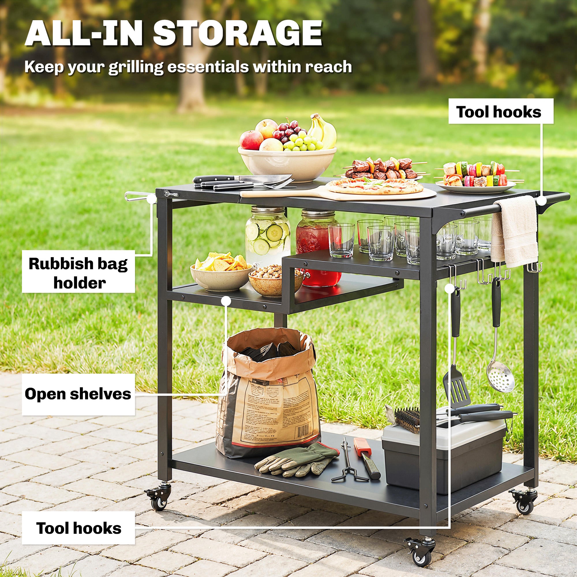 Outdoor Grill Cart, Three-Tier Pizza Oven Stand with Steel Tabletop, Hooks, Rubbish Bag Holder, Wheels, Black