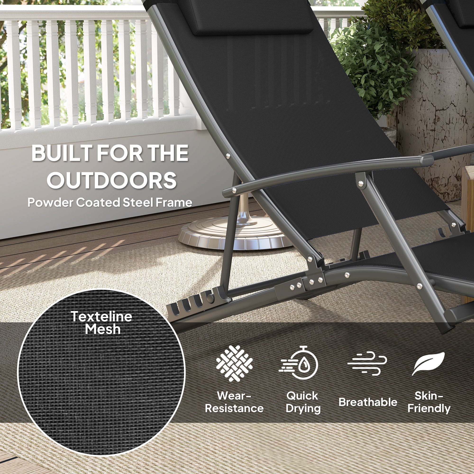 Set of 2 Adjustable Back Sun Loungers with Quick-Dry Mesh - Black