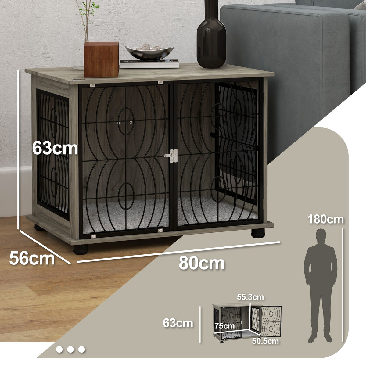 Indoor Medium Dog Crate End Table with Lockable Door and Washable Cushion - Grey Wood Effect