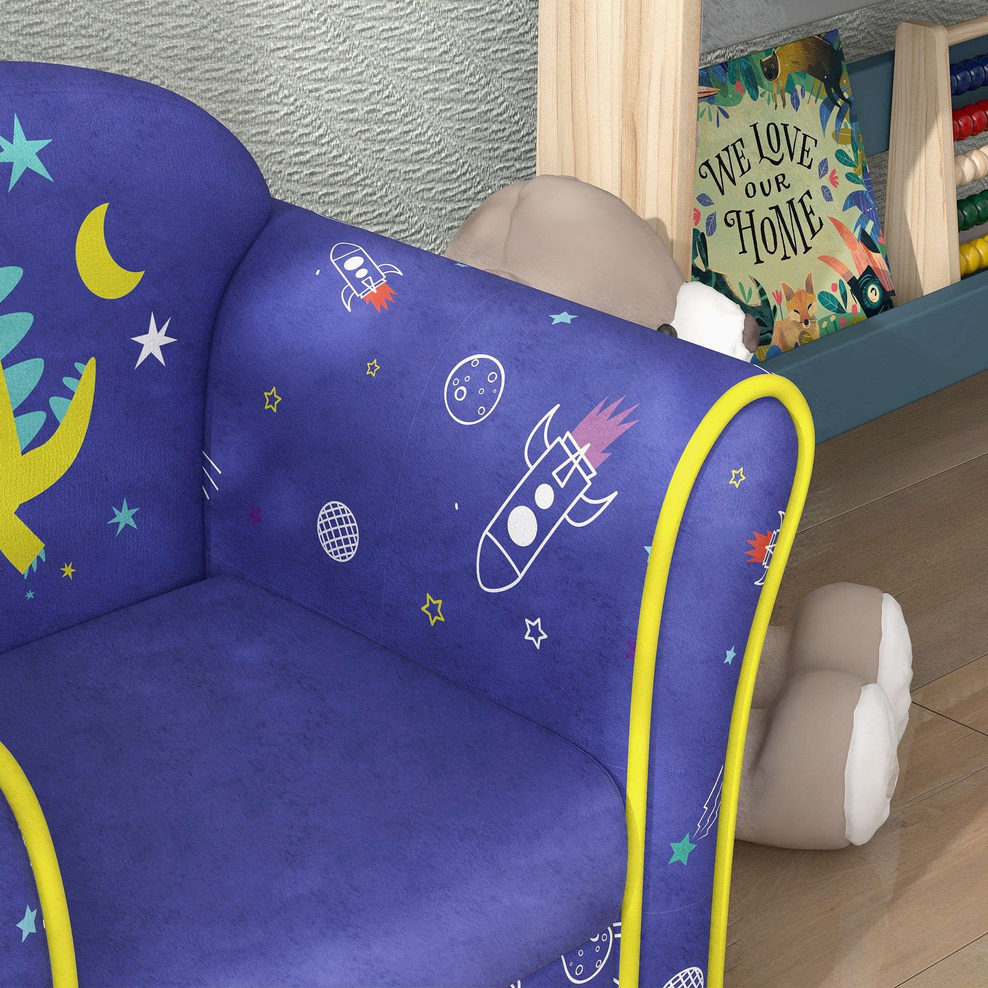 Kids Armchair with Planet Dinosaurs Design, Wooden Frame, for Bedroom, Playroom, Kids Room, Blue