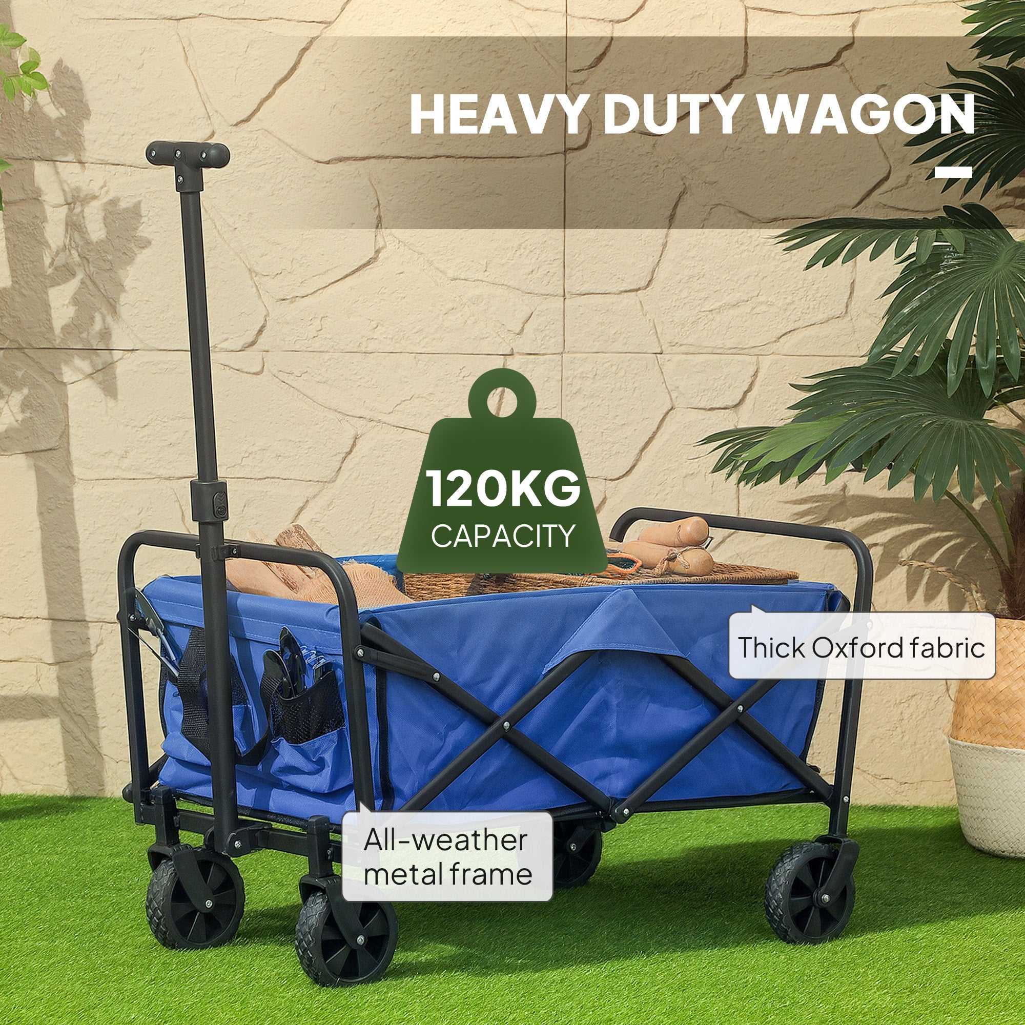 93L Festival Trolley on Wheels, Garden Folding Trolley Cart, 120kg Heavy Duty Collapsible Folding Wagon with Adjustable Handle and Carrying Bag for Beach, Camping, Festival, Blue