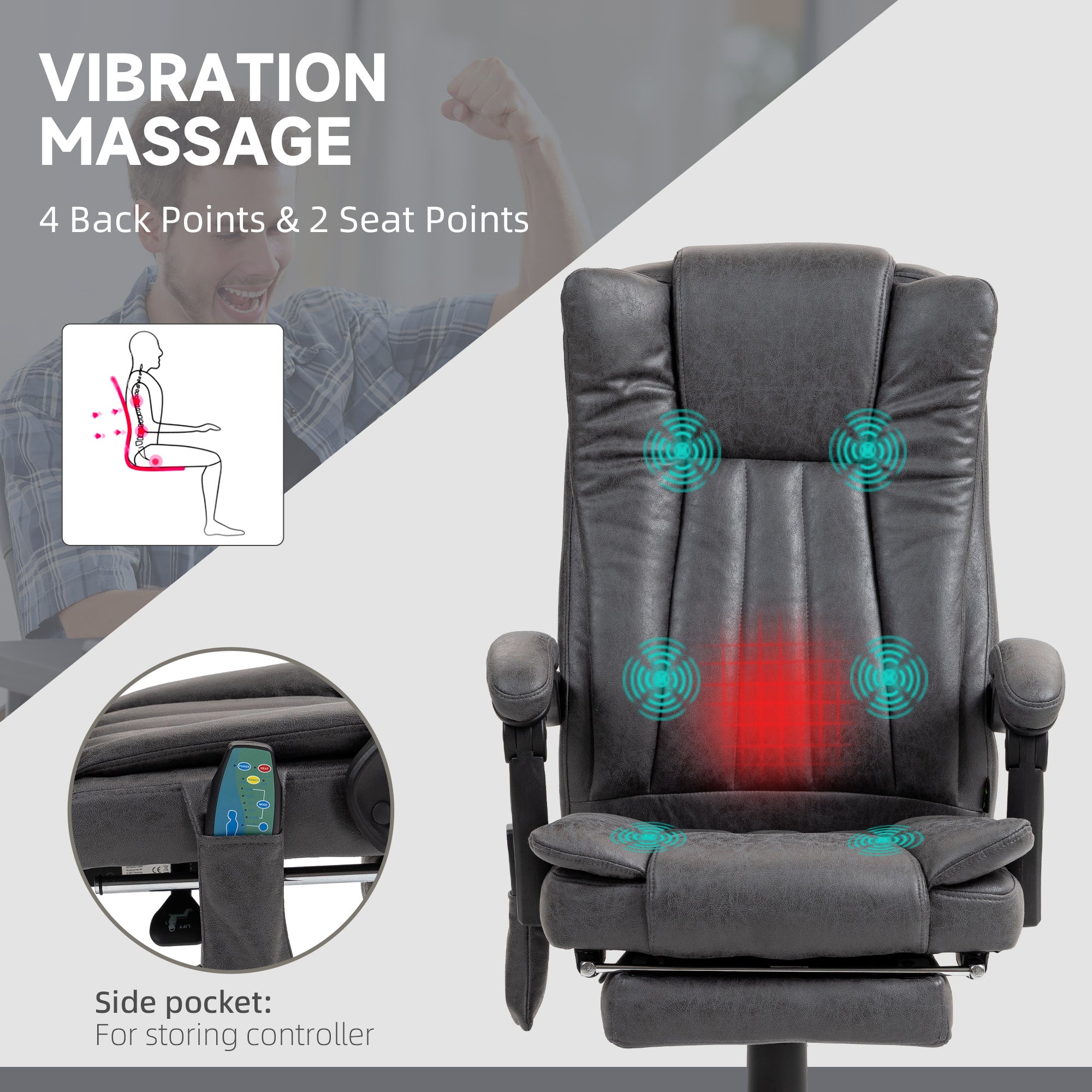 Six-Point Massage Chair, with Heat and Footrest - Dark Grey