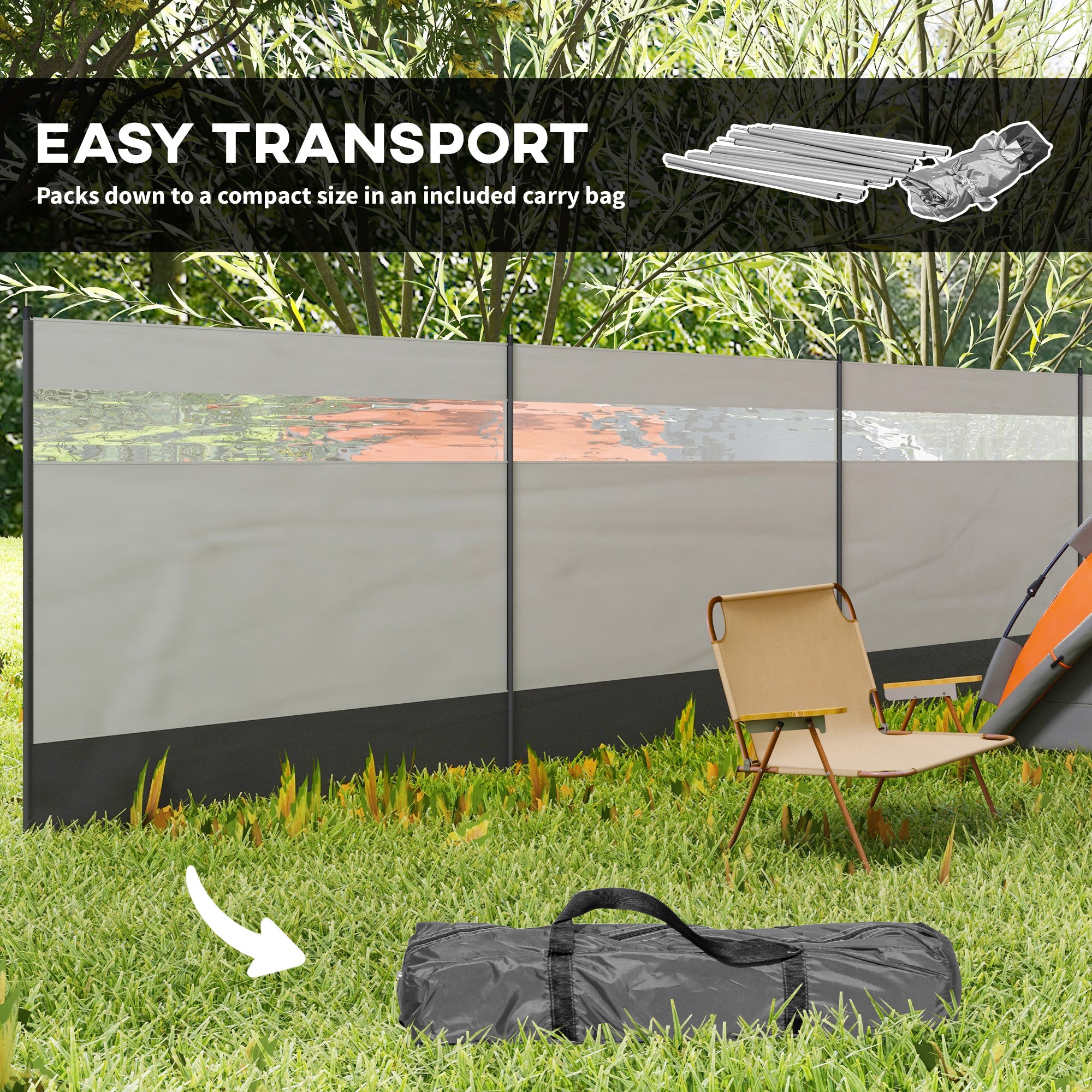 Camping Windbreaker with Clear Windows, Carry Bag and Steel Poles, for Beach Caravan Campervan, 725 x 140cm, Grey