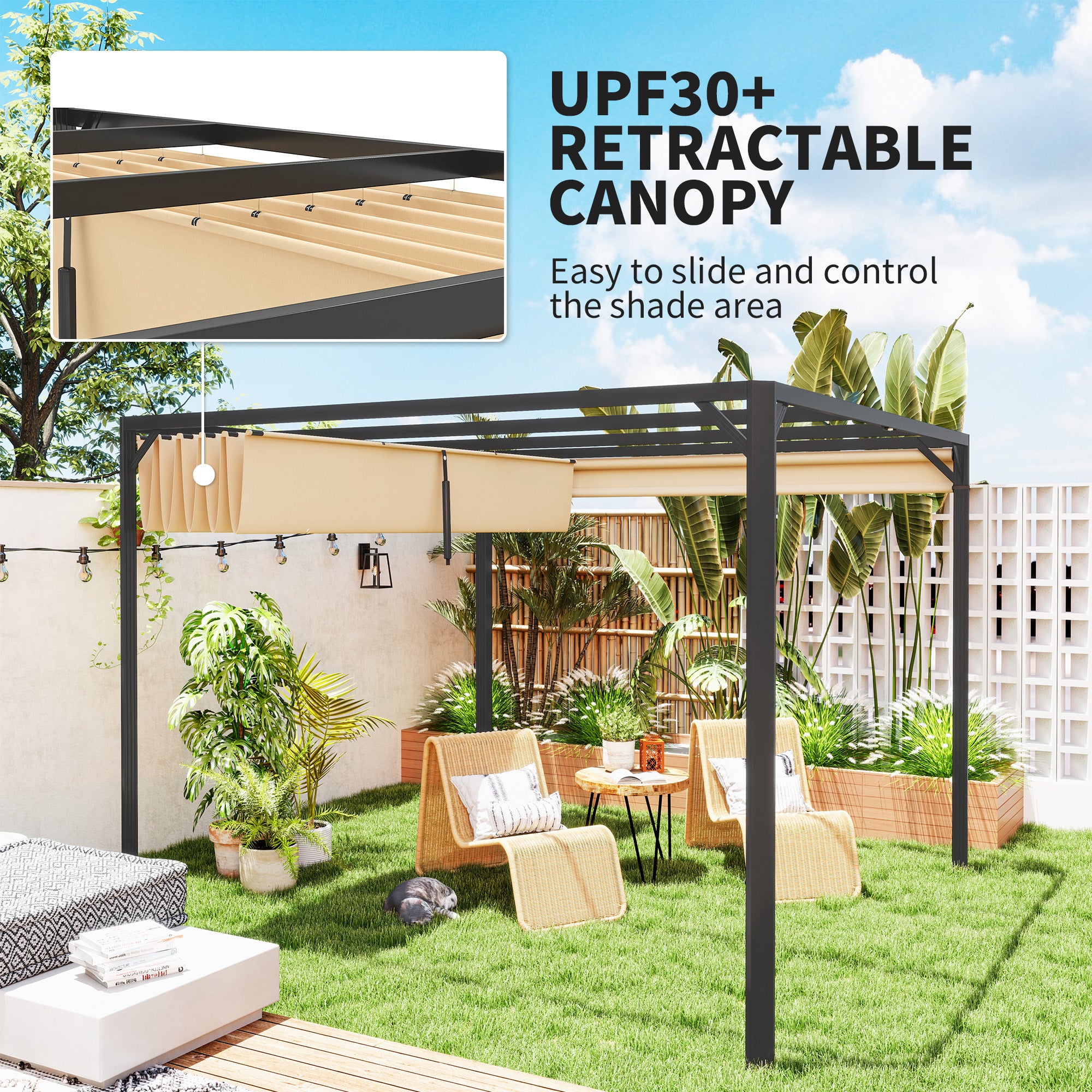 3 x 3 Metre Aluminium Pergola Set with Retractable Roof and Wall - Khaki