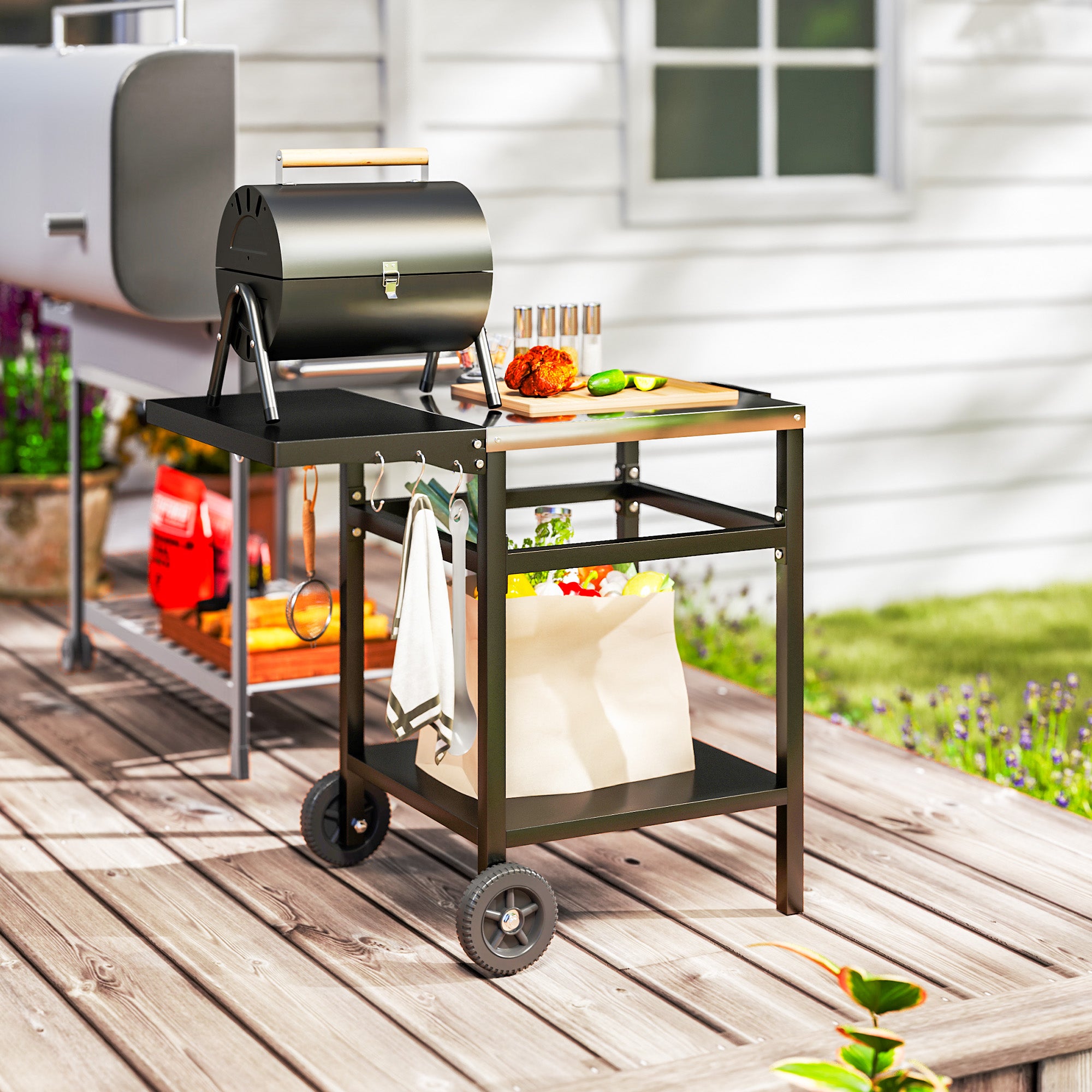 Outdoor BBQ Trolley with Stainless Steel Top and Foldable Side Table - Black