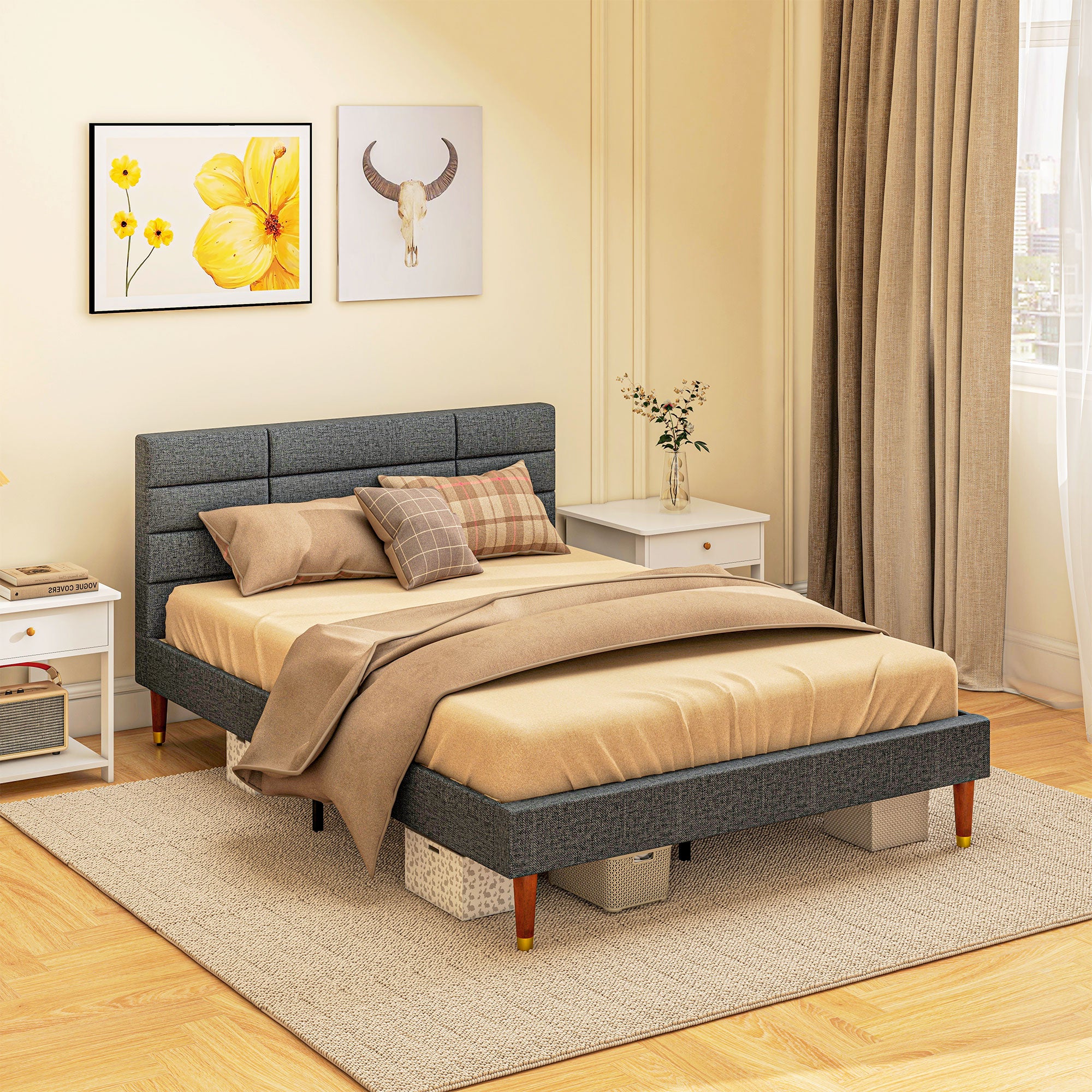 Upholstered Double Bed Frame, with Slats - Grey