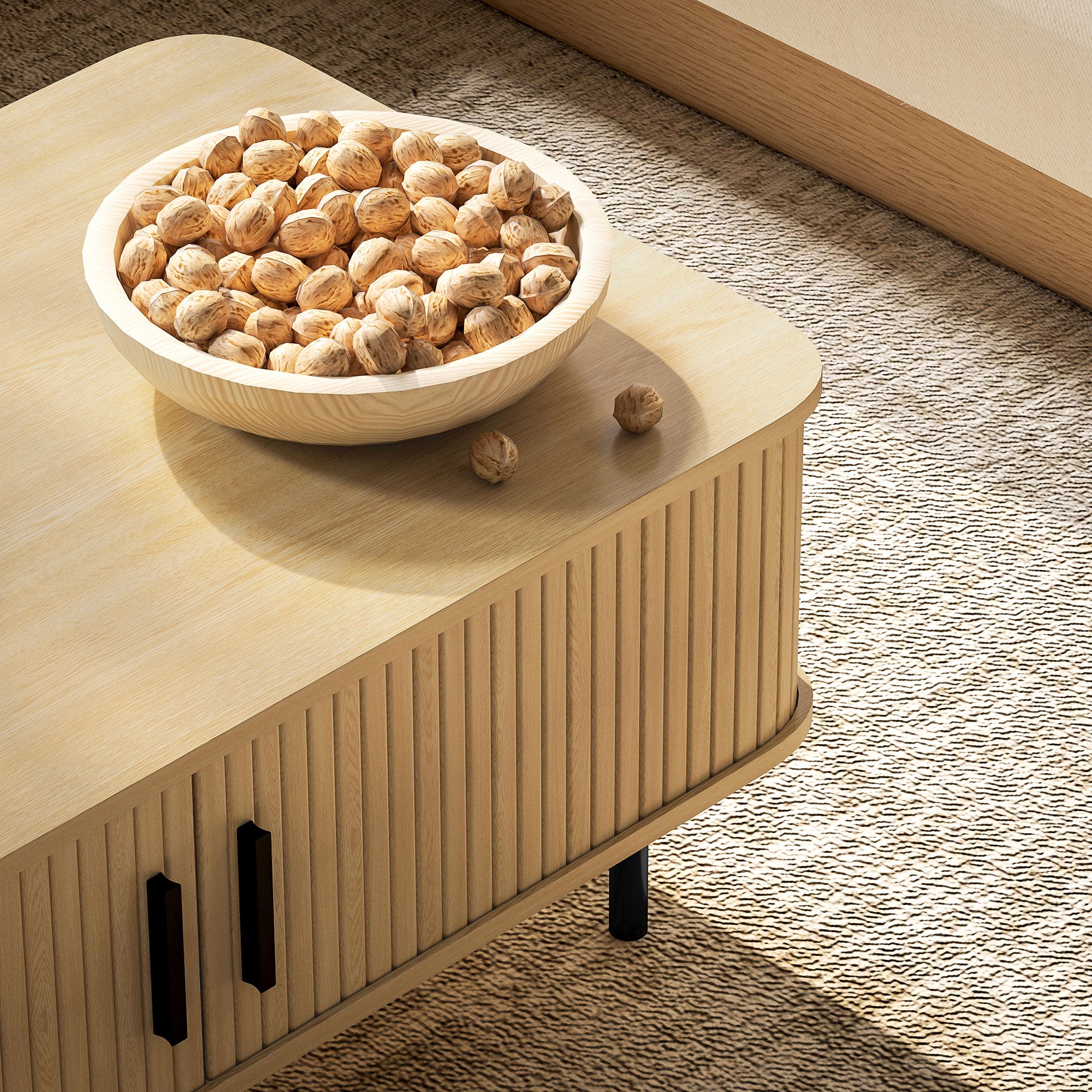 Rectangular Coffee Table with Storage and Slatted Tambour Sliding Doors, Elevated Base with Foot Pads - Oak