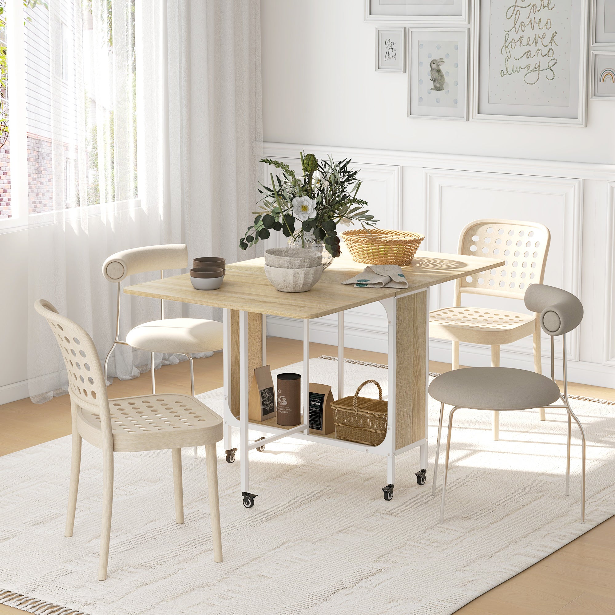 Six-Person Drop Leaf Dining Table - Natural/White