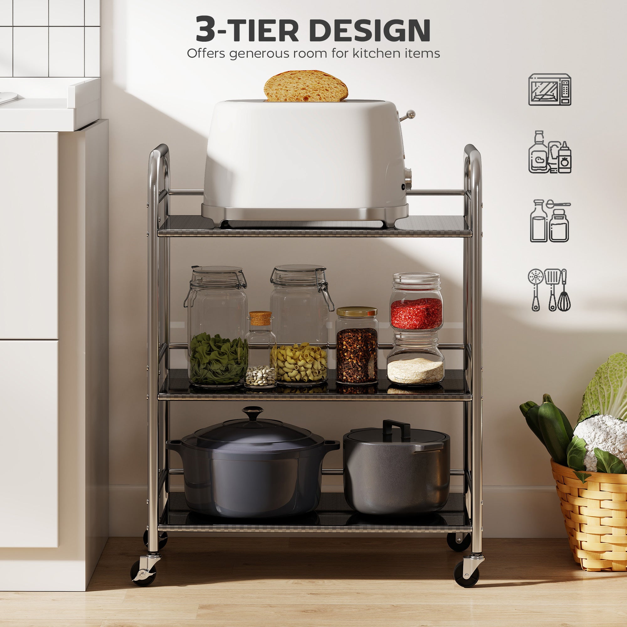 3 Tier Stainless Steel Kitchen Storage Trolley with Adjustable Shelf - Silver