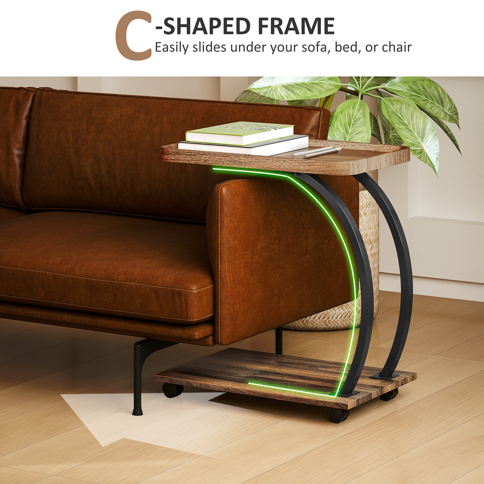 2-Tier Mobile C-Shaped Side Table - Brown
