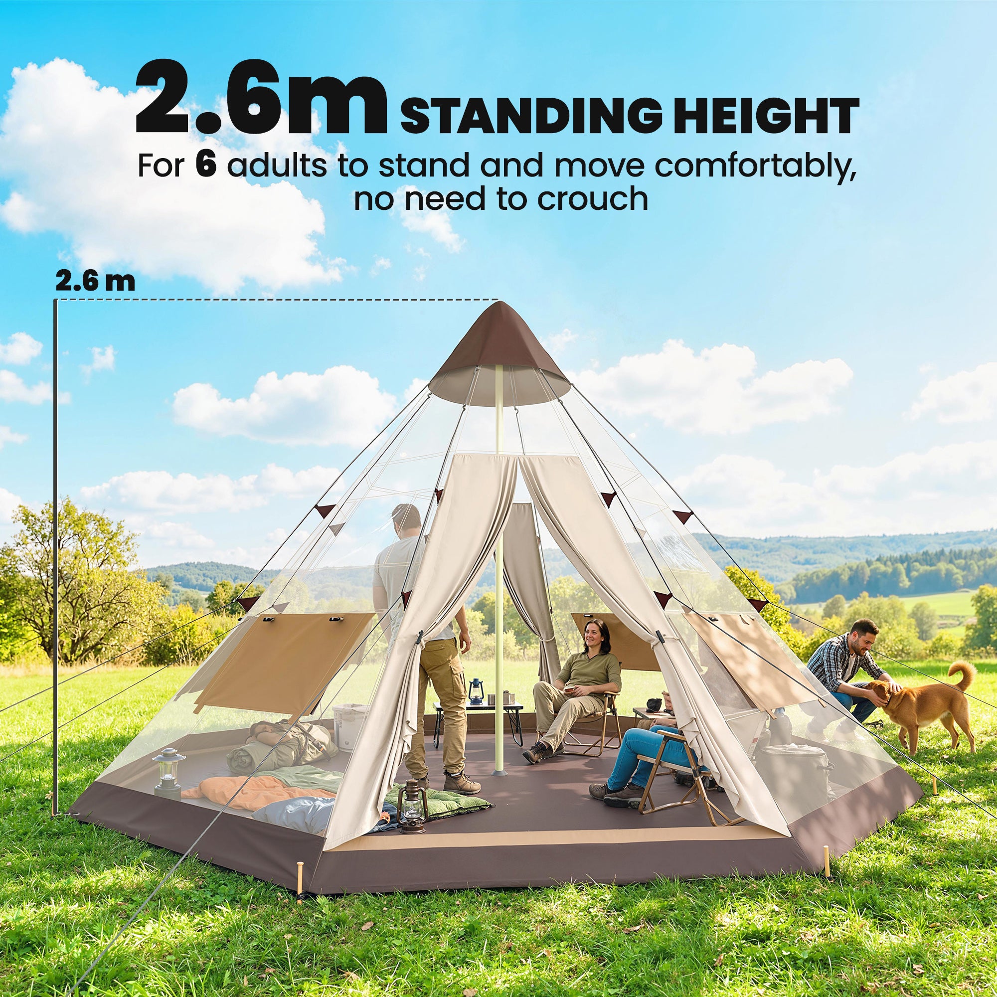 6 Men Tipi Tent with Carry Bag - Khaki