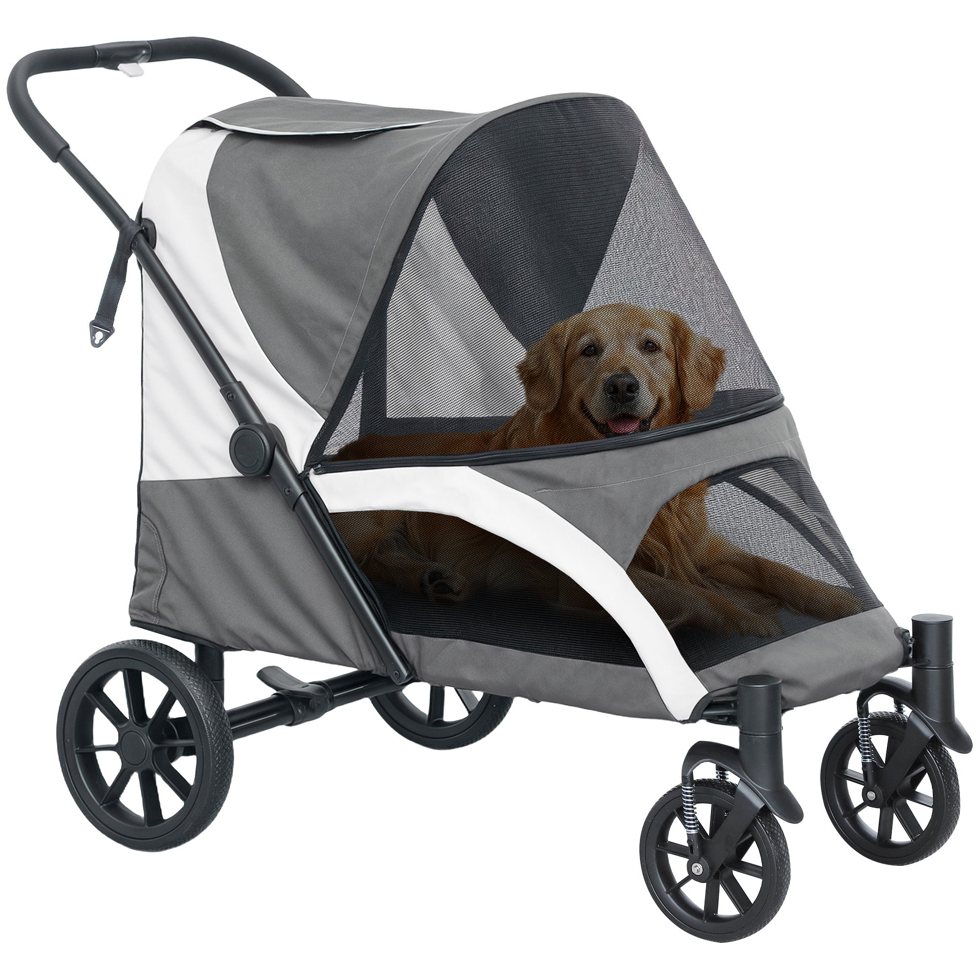 Easy Folding Pet Stroller for Large Dogs with 4 Big Wheels, Shock Absorb Frame, Safety Leashes, Brakes, Dark Grey