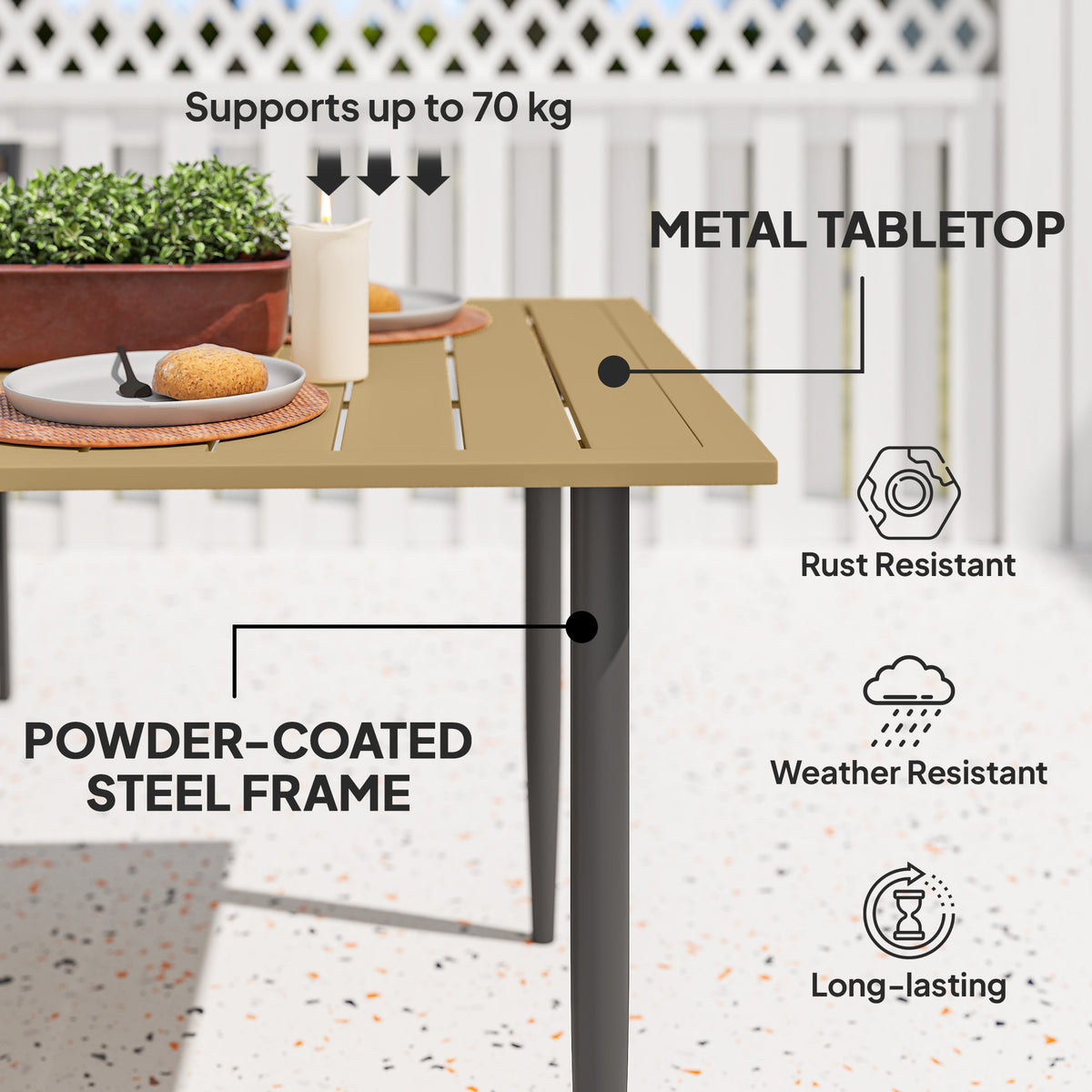 6 Seater Garden Dining Table with Parasol Hole 150x90 cm - Brown Steel Frame