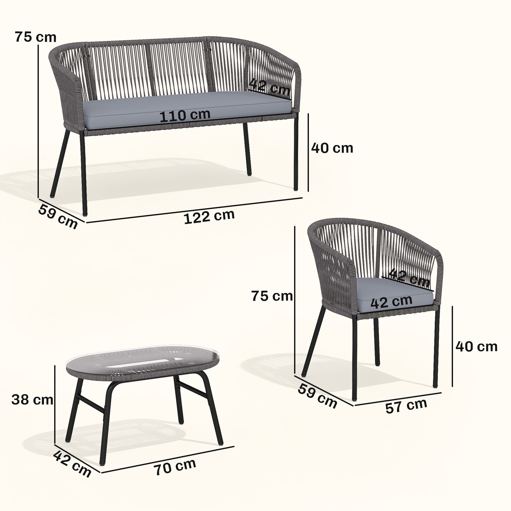 4 Piece Garden Furniture Set, Rope Garden Sofa Set with 1 Loveseat 2 Chairs Tempered Glass Table Cushions, Dark Grey