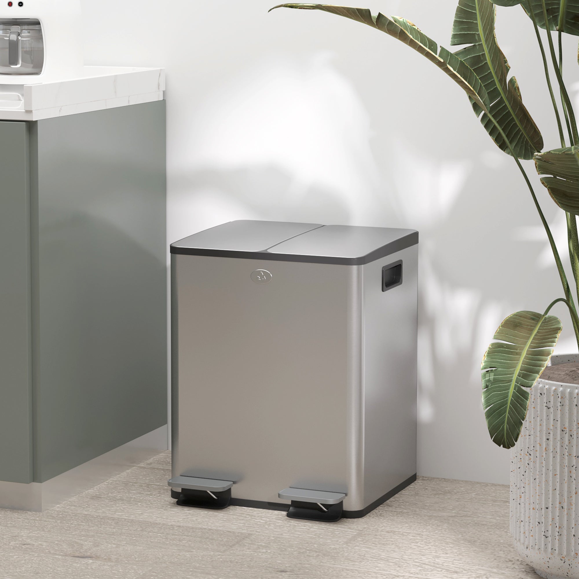 40L Dual Compartment Stainless Steel Bin, with Deodoriser Holders - Silver Tone