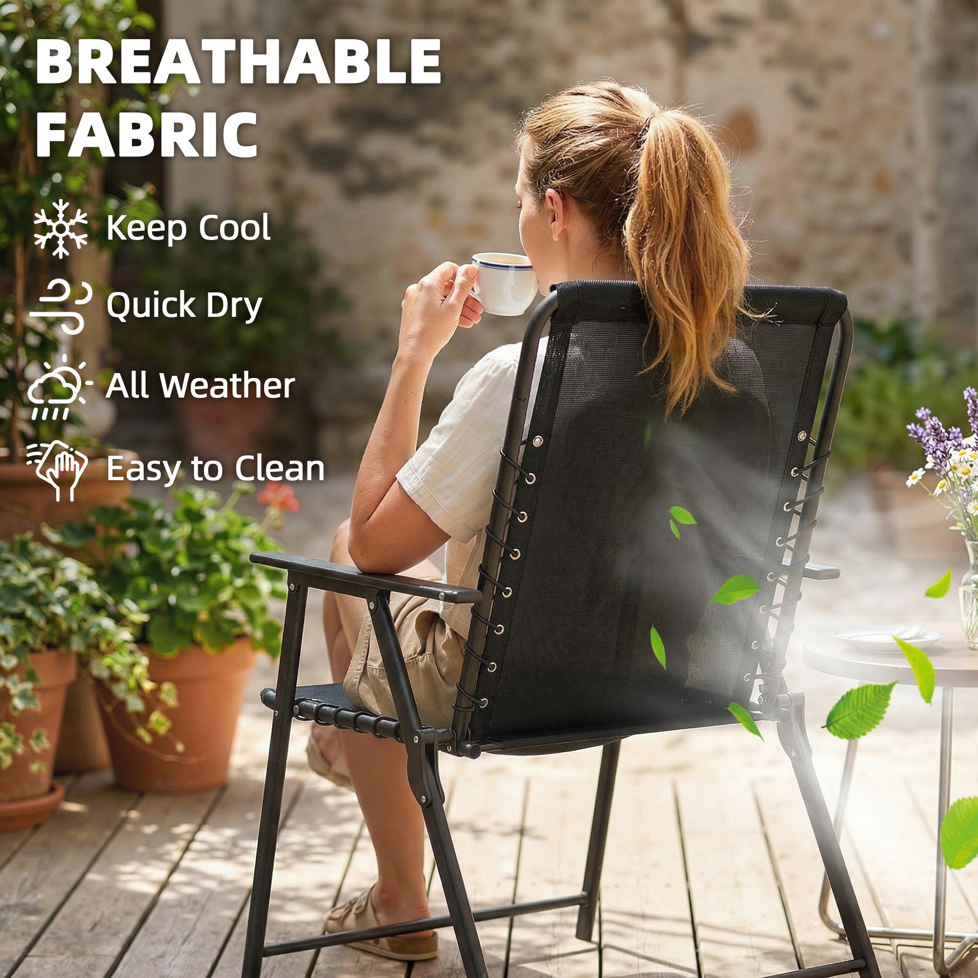 Folding Garden Chairs Set of 4, Outdoor Dining Chairs with Wide Texteline Seat, High Back and Armrests, Black