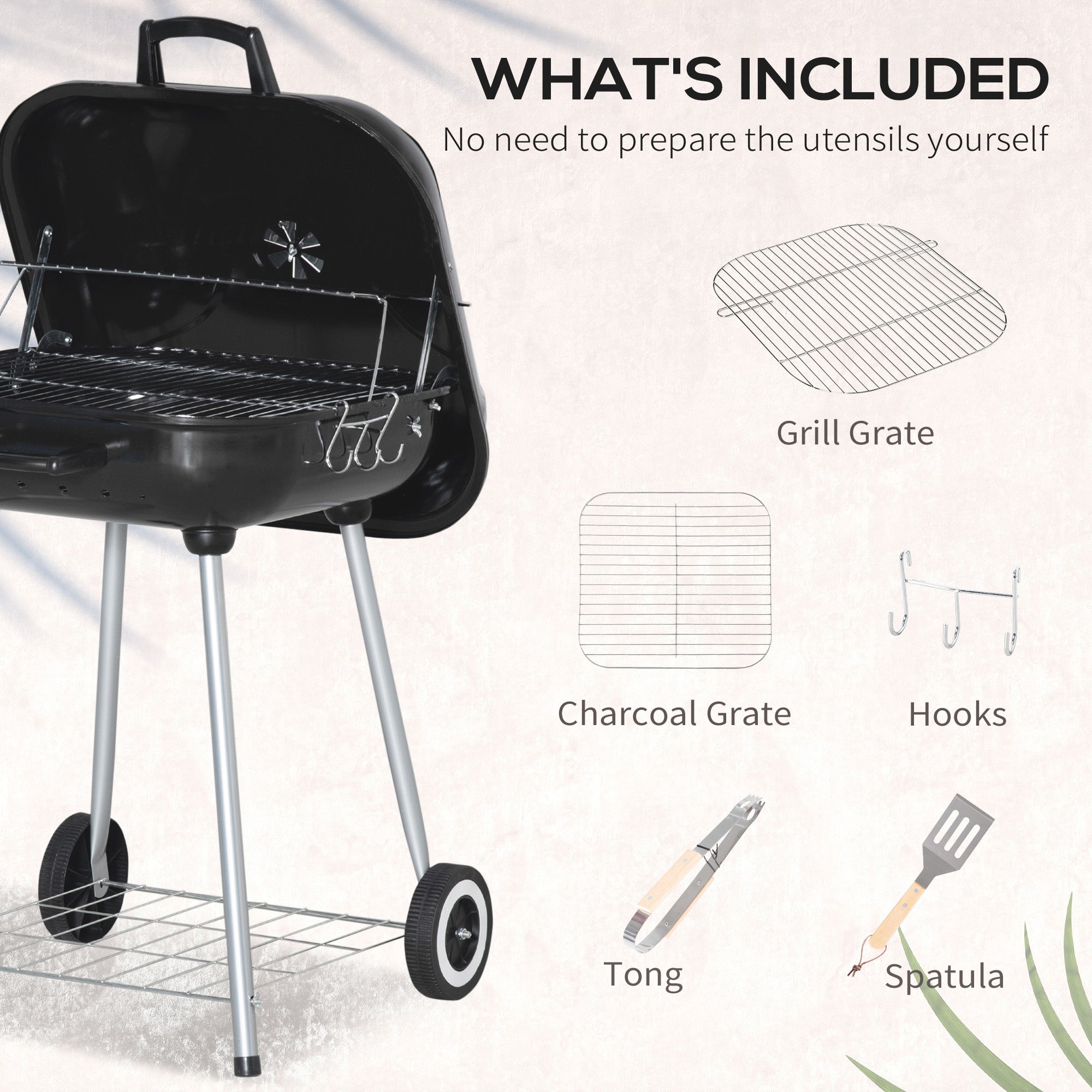 Portable Charcoal BBQ Grill with 2 Wheels and Porcelain Enamel Lid