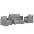 4 Piece Rattan Garden Furniture Set with Loveseat, 2 Armchairs, Glass-Top Table, Wicker Patio Conversation Set, Grey