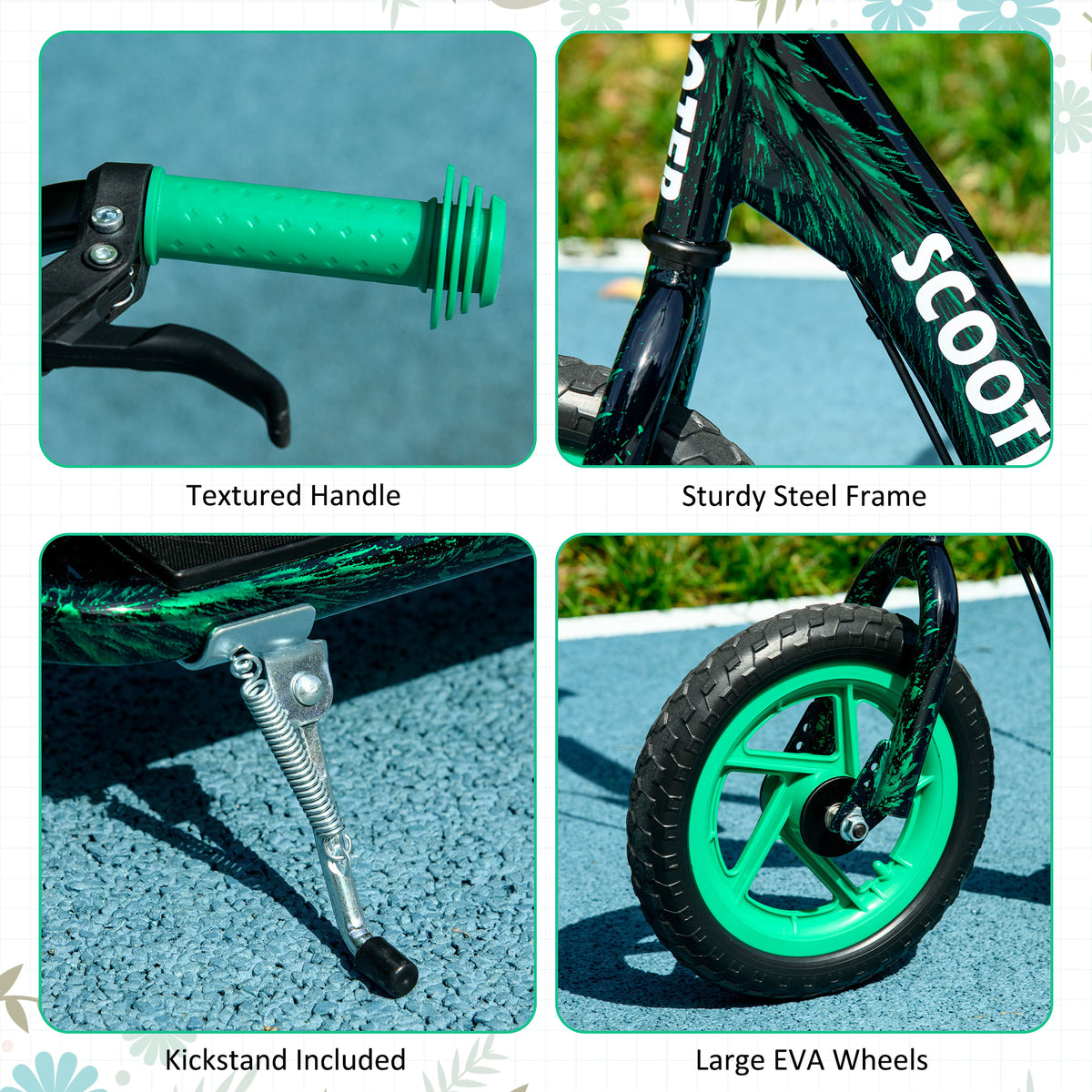 Kids Scooter with Adjustable Handlebar, Children's Kick Scooter with Non-slip Footplate, Rear Brake, Kickstand, Green