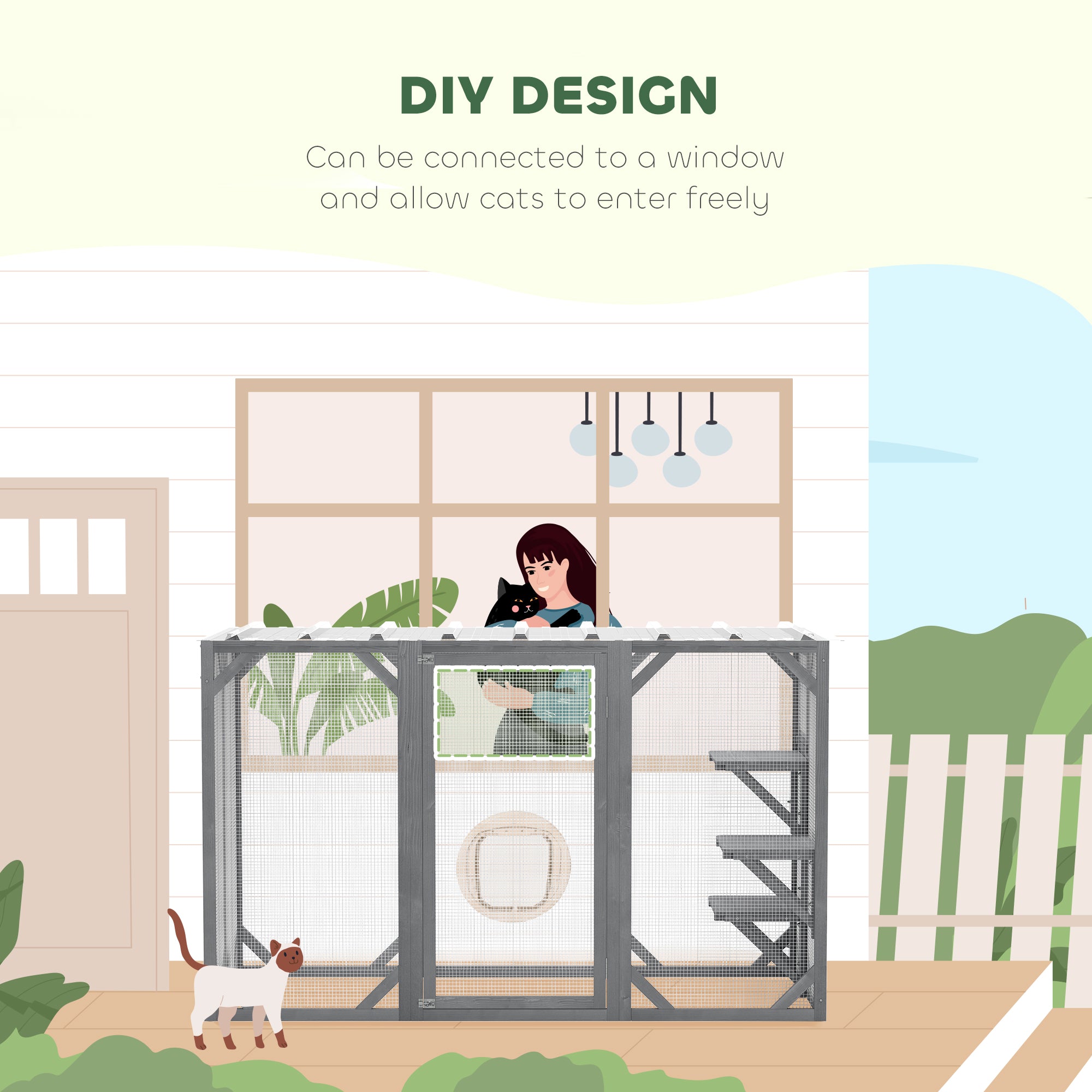 71" Outdoor Wooden Cat House with Three Platforms, Large Door, Water-Resistant Roof, for Multiple Cats, Grey