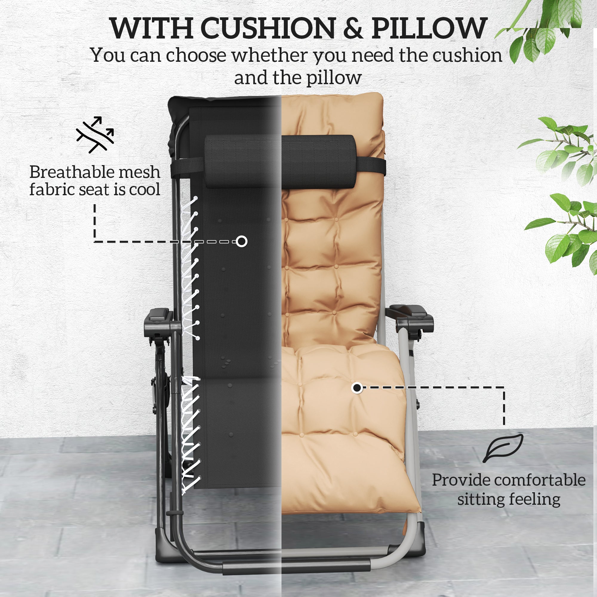 2 Piece Reclining Zero Gravity Sun Loungers with Cushions Khaki