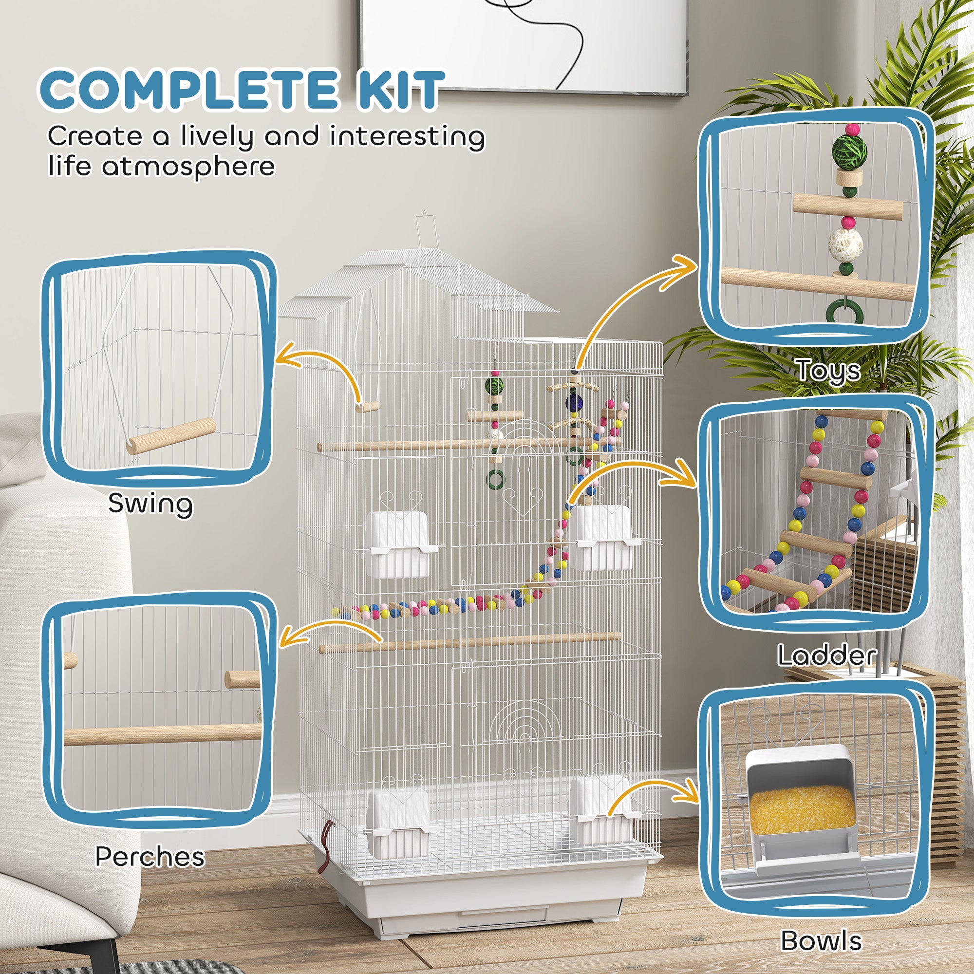 Bird Cage for Budgies, Finches & Canaries with Accessories and Tray - White
