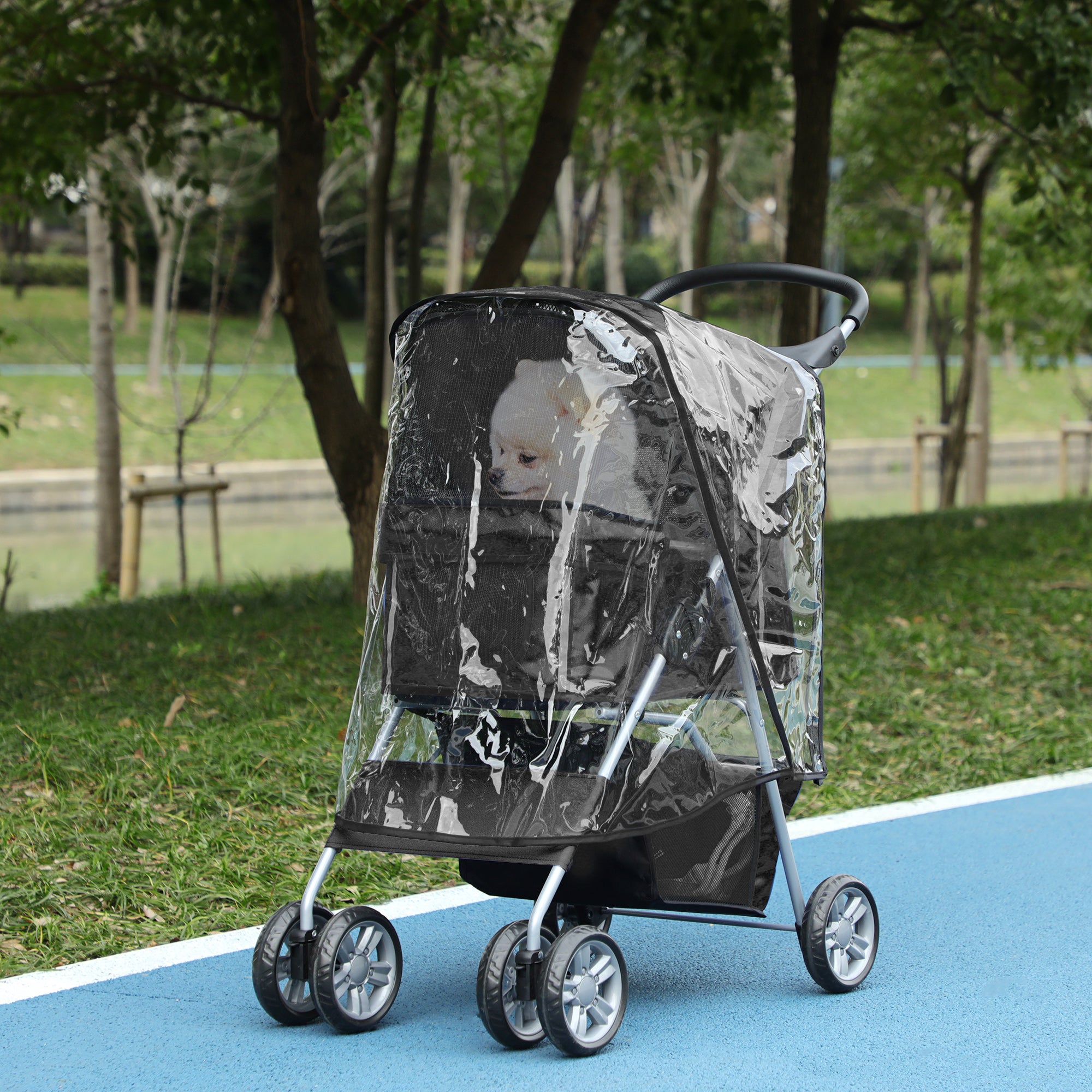 Pet Travel Stroller with Rain Cover, 4 Wheels Foldable Travel Carriage with Wheels Zipper Entry Cup Holder Storage Basket Black