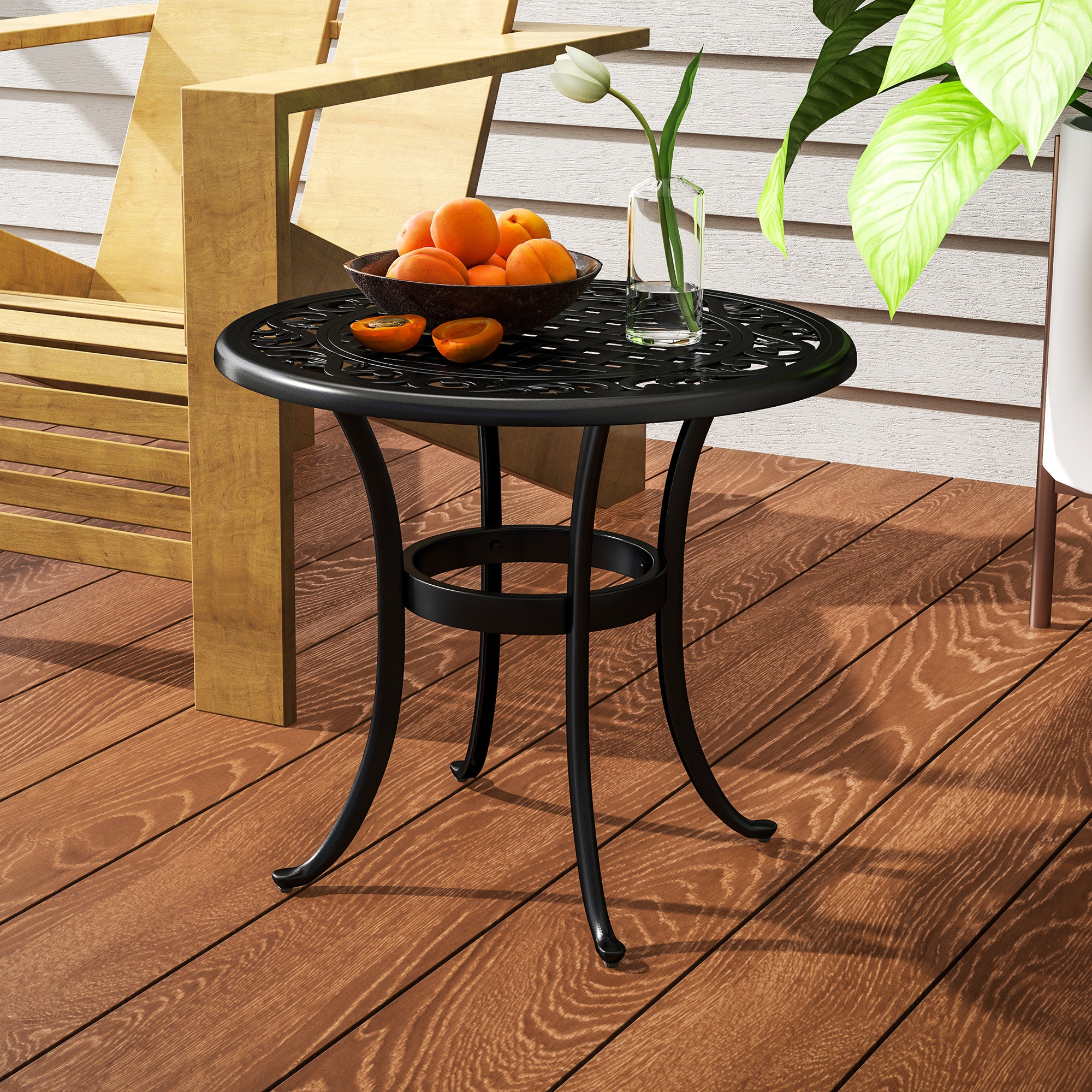 60cm Round Outdoor Garden Side Table with Hollow Top Cast Aluminium Frame - Black