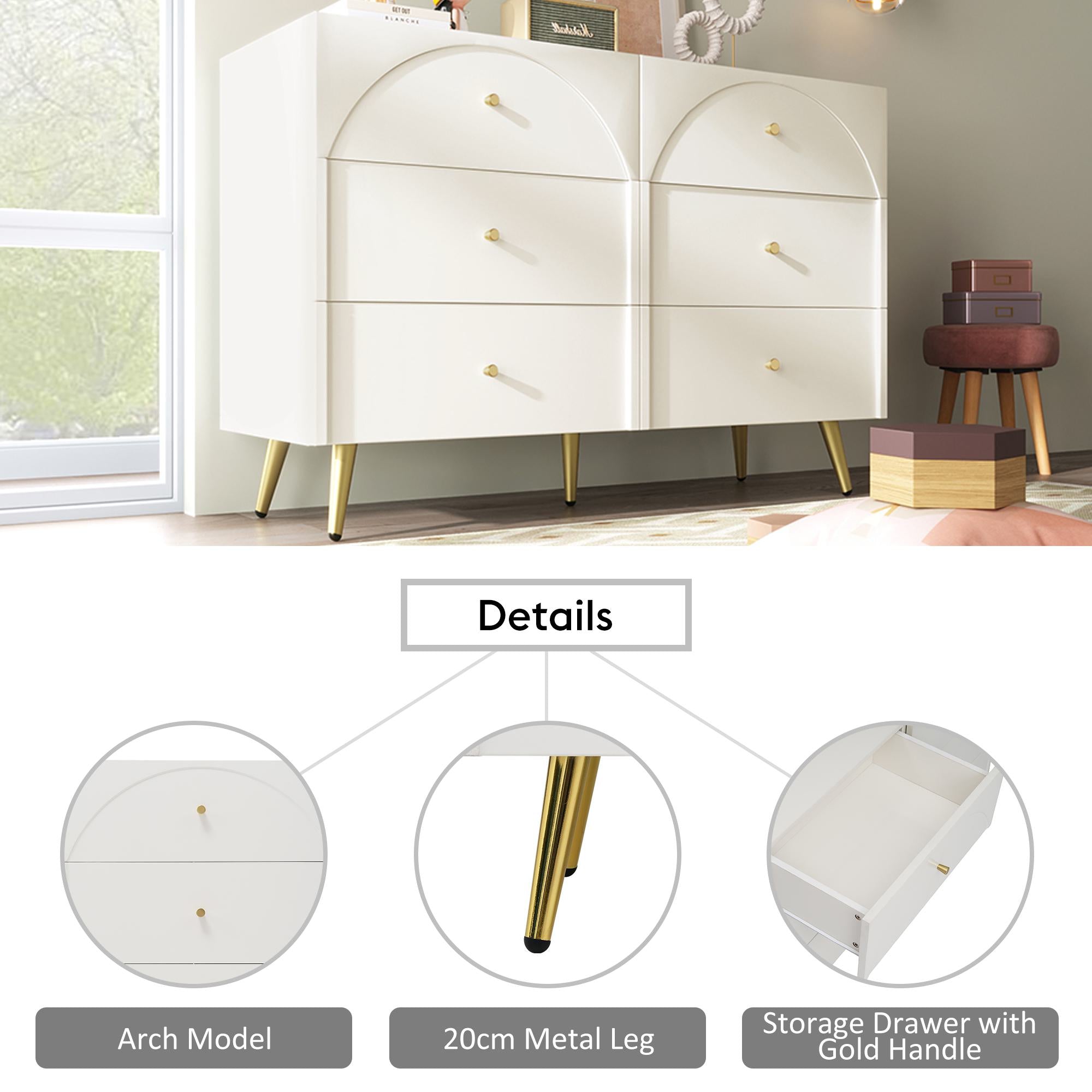 Height Ajustable Sideboard with 6 Storage Drawers, Cabinet with Wood and Metal Construction, 120L x 40W x 85H cm, White