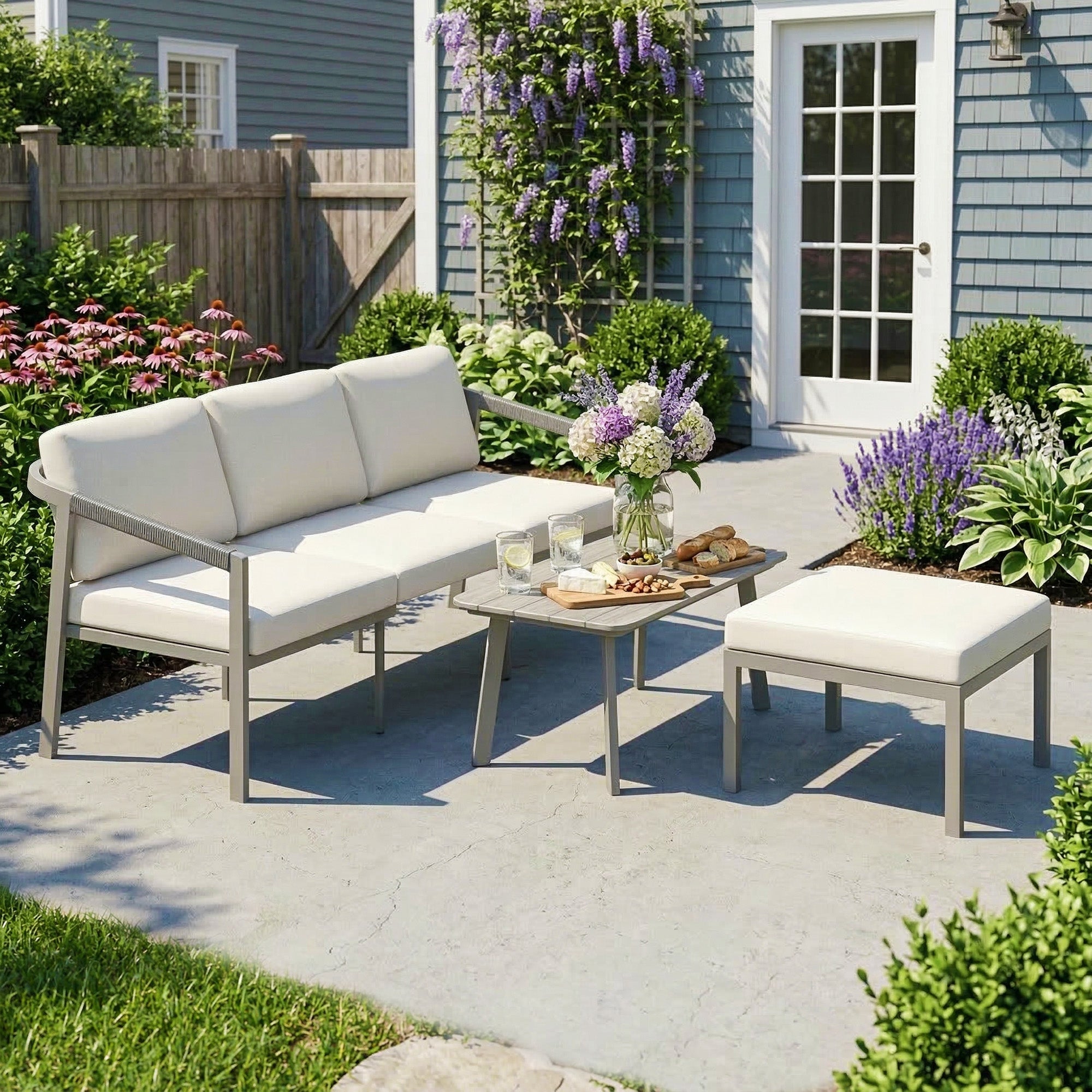 3 Piece Garden Dining Set, Outdoor Patio Furniture with 3 Seater Sofa, Footstool, Coffee Table and Cuhsions