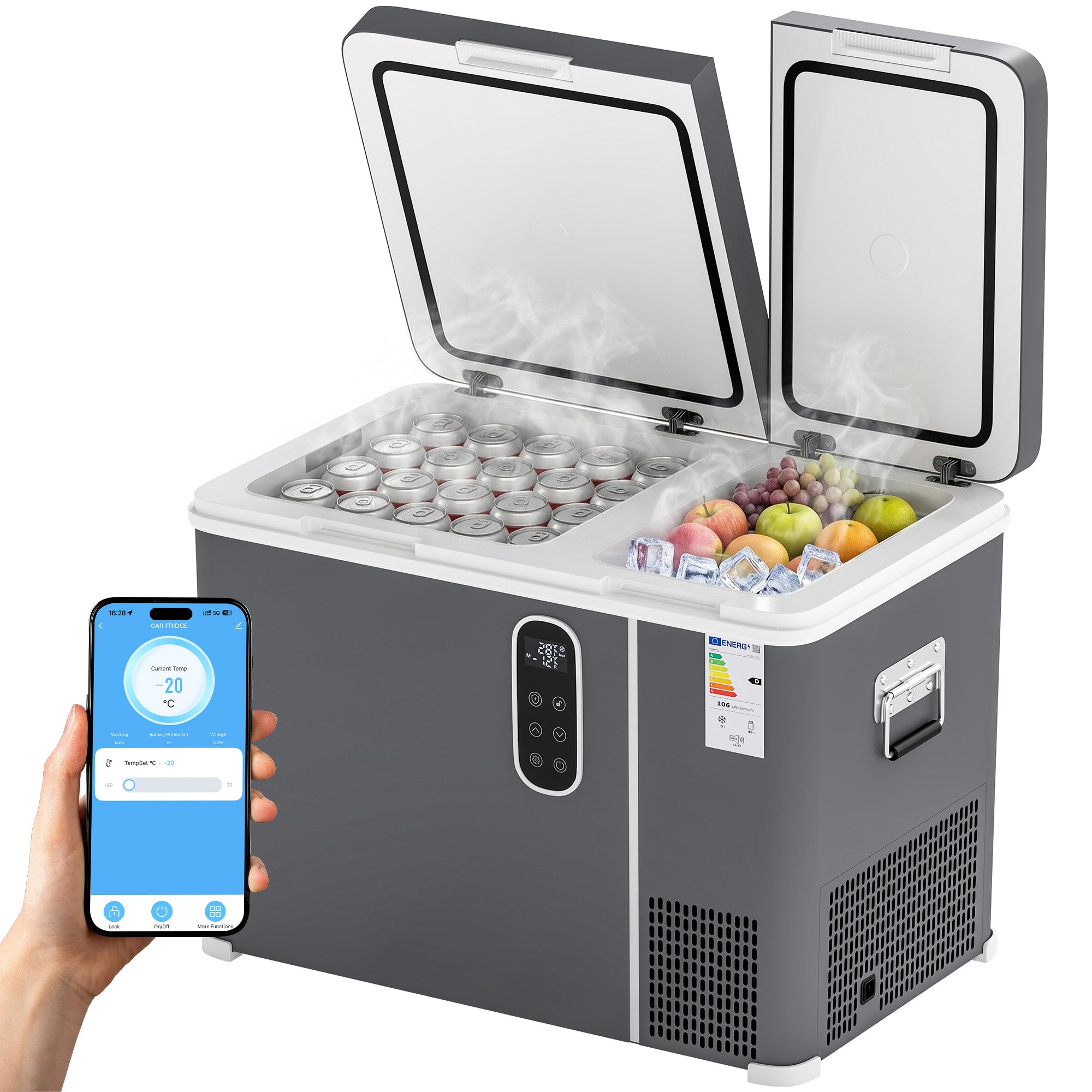 45L Compressor Car Fridge Freezer, Dual Zone Camping Refrigerator with App Control, Grey