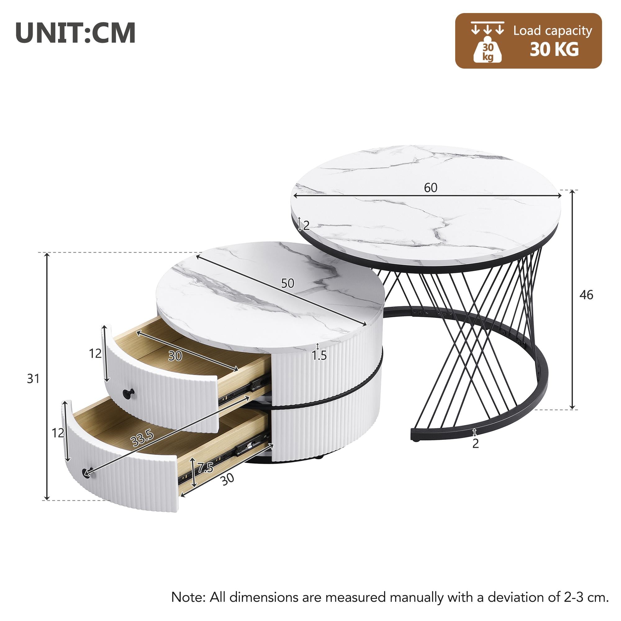 2 Piece High Gloss Round Nesting Coffee Table Set with Marble-Effect Top, Living Room Tables with Storage Drawers, White+Black