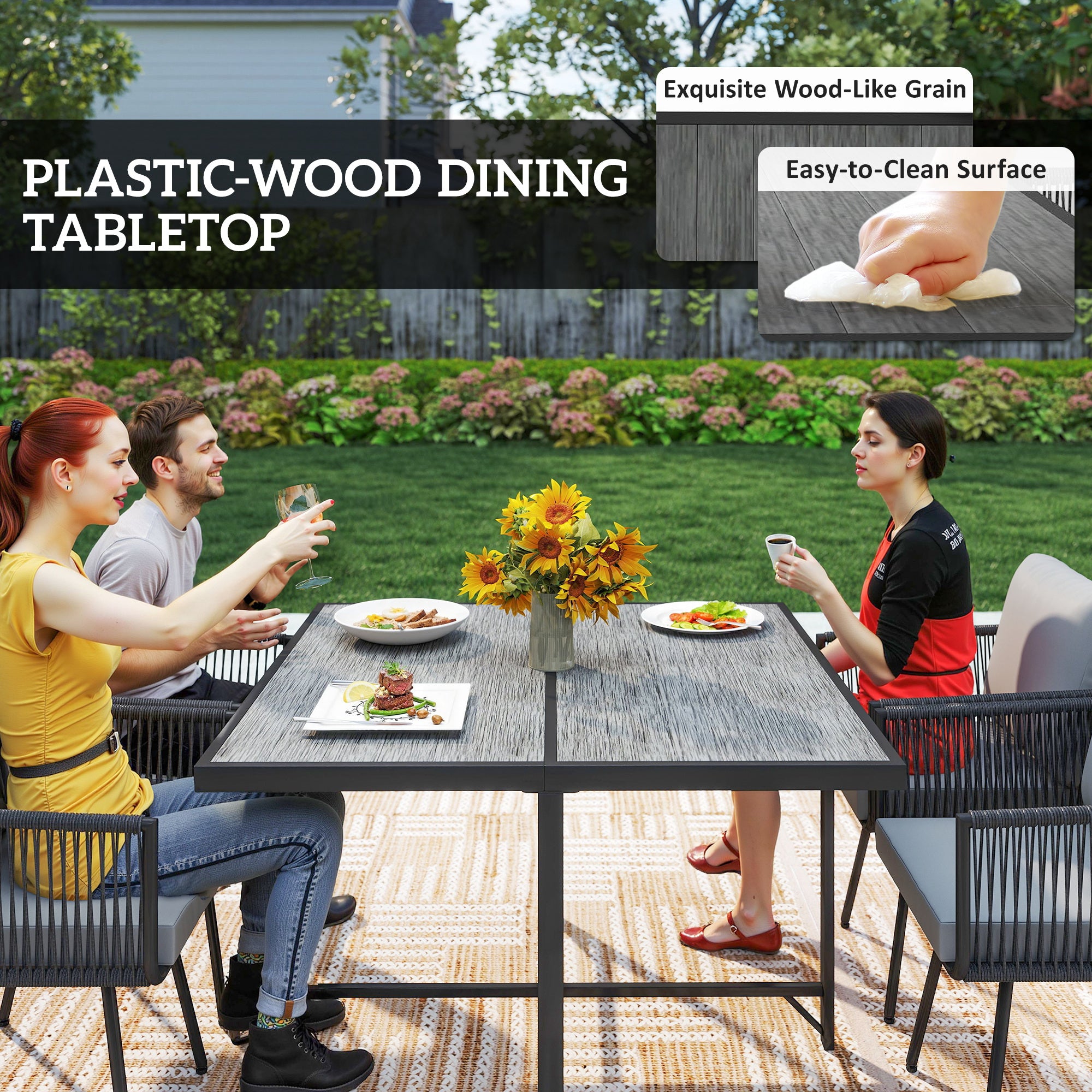5 Piece Garden Furniture Set, Garden Dining Set with Wood-Plastic Table and 4 Armchairs, Light Grey
