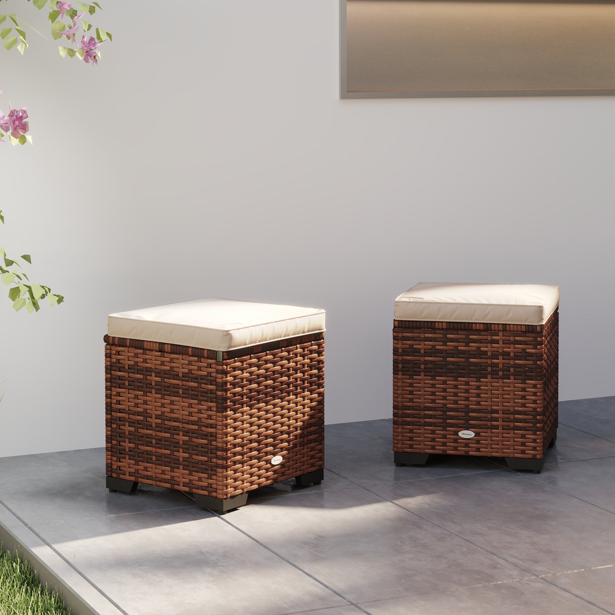 Set of 2 Rattan Storage Ottomans with Removable Cushions Beige