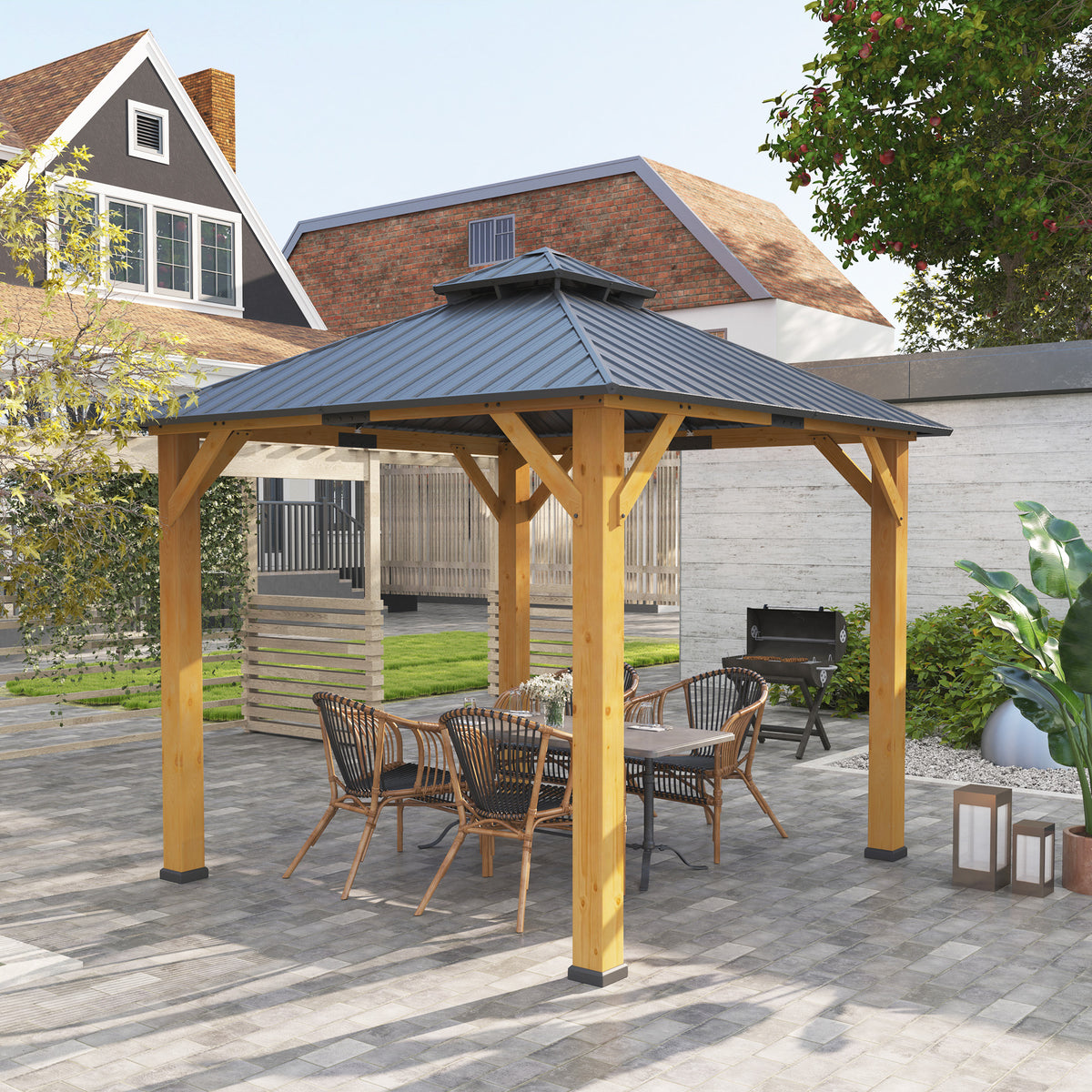 3x3M Outdoor Hardtop Gazebo Canopy with 2-Tier Roof and Solid Wood Frame - Grey