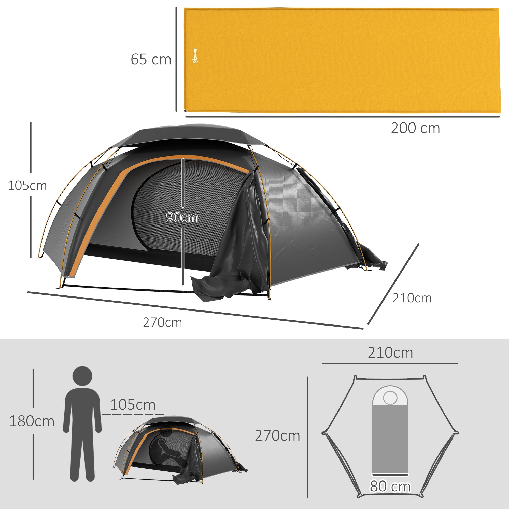 Camping Tent with Self Inflatable Mattress, 1 Person Dome Tent with Removable Rainfly and Aluminium Frame, 2000mm Waterproof, Portable with Bags, for Fishing Hiking, Dark Grey/Khaki