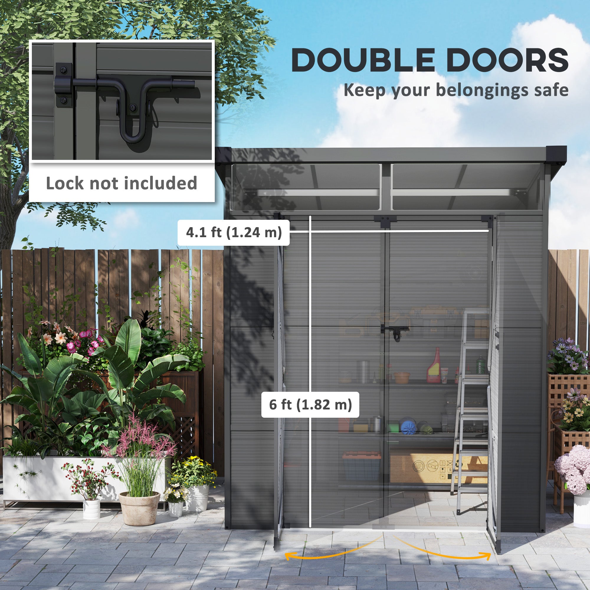 6 x 6ft Outdoor Storage Shed, Plastic Garden Shed with Windows and Air Vents, Outdoor Resin Tool Shed with Latch Doors for Garden, Deck, Dark Grey