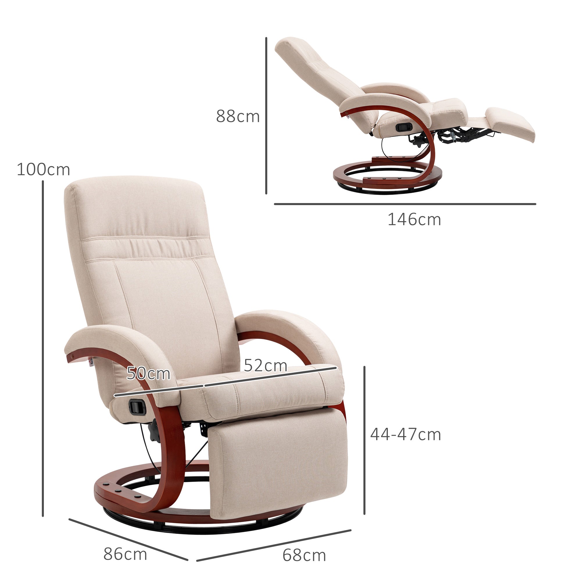 135° Manual Reclining Swivel Chair, with Footrest - Beige