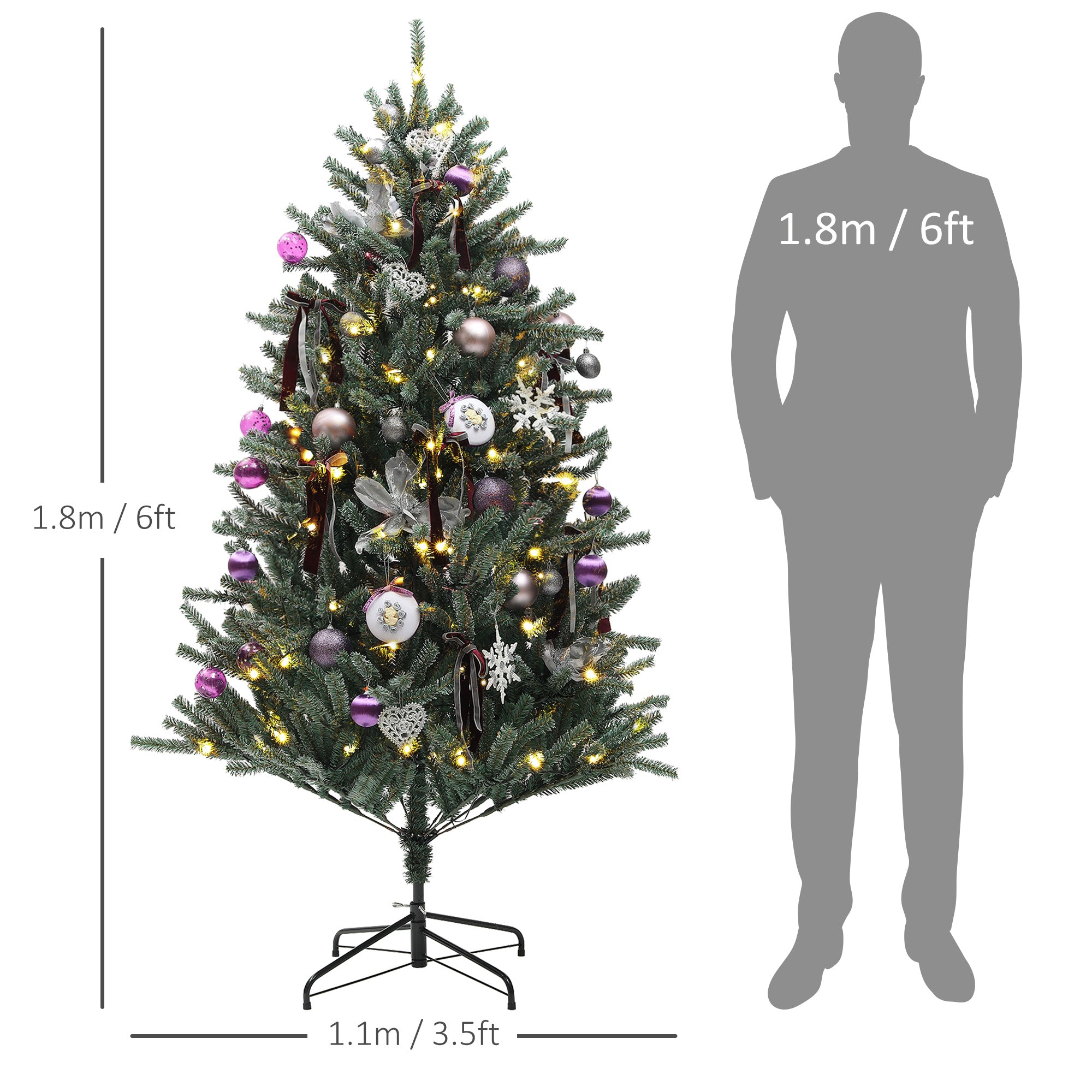 6ft Artificial Prelit Christmas Tree with Warm White LED Lights and 796 Tips, Metal Stand, Xmas Tree with Purple Ornaments for Home Office Holiday