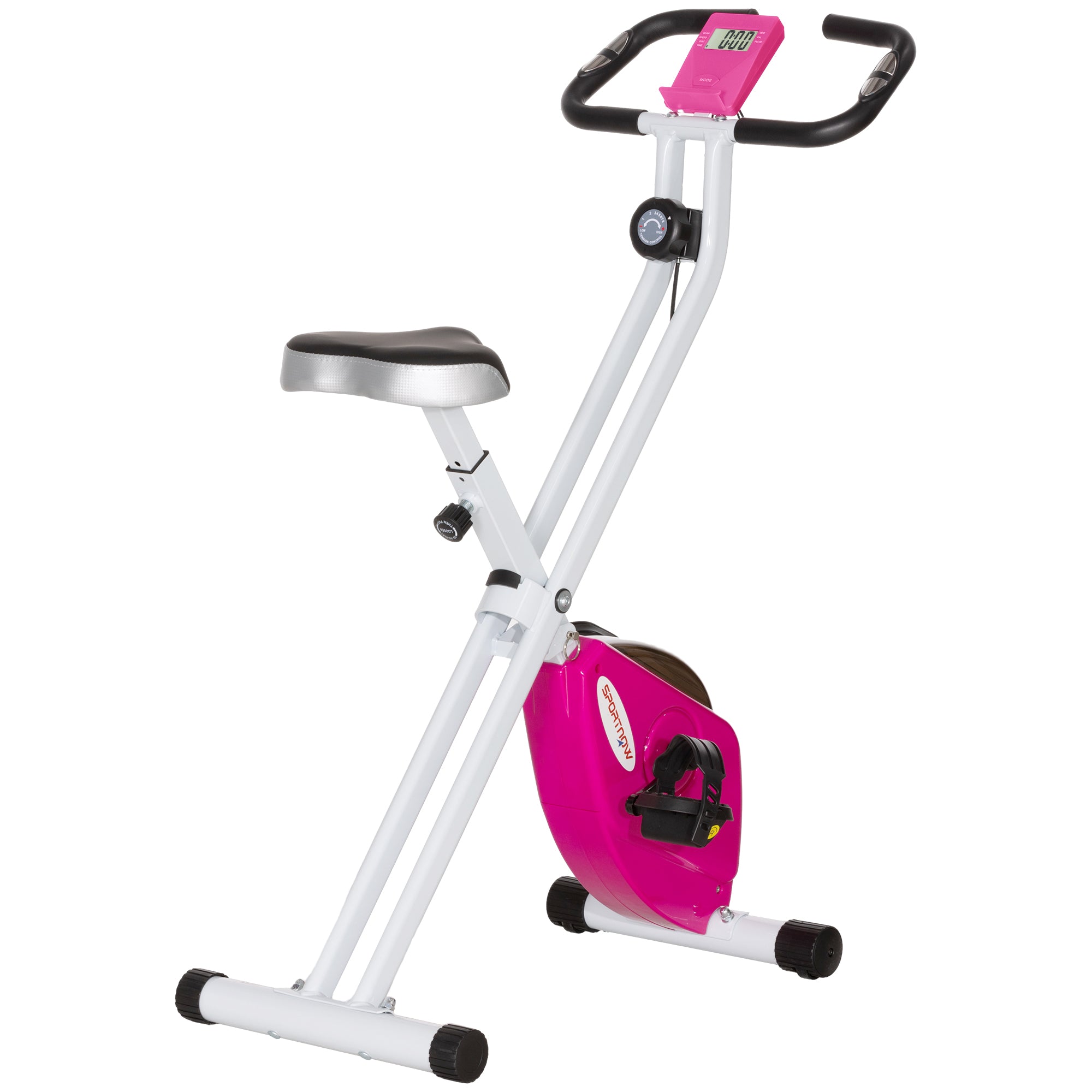 Folding and Quiet Exercise Bike with 8-Level Magnetic Resistance and Heart Rate Sensor, for Home Gym, Pink and White