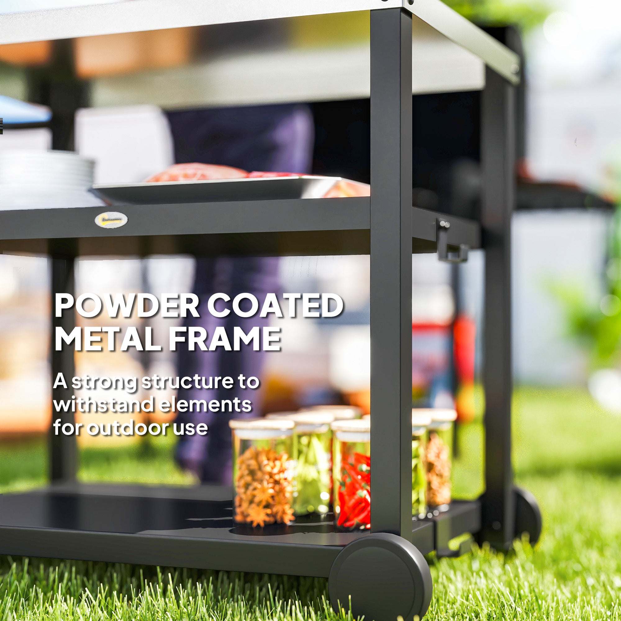 Outdoor Grill Dining Cart 3-Shelf Movable Pizza Oven Table Stand with Stainless Steel Top, Portable BBQ Trolley Food Prep Outdoor Kitchen BBQ Station with Hooks Wheels Handle, Charcoal Grey
