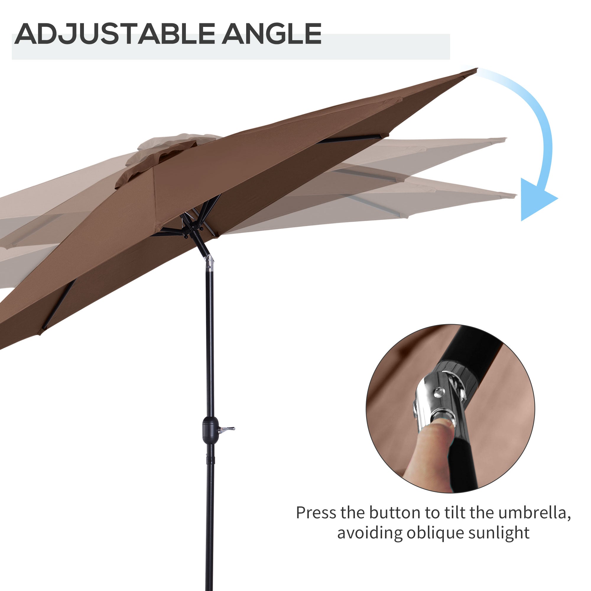 3(m) Tilting Parasol Garden Umbrellas, Outdoor Sun Shade with 8 Ribs, Tilt and Crank Handle for Balcony, Bench, Garden, Coffee