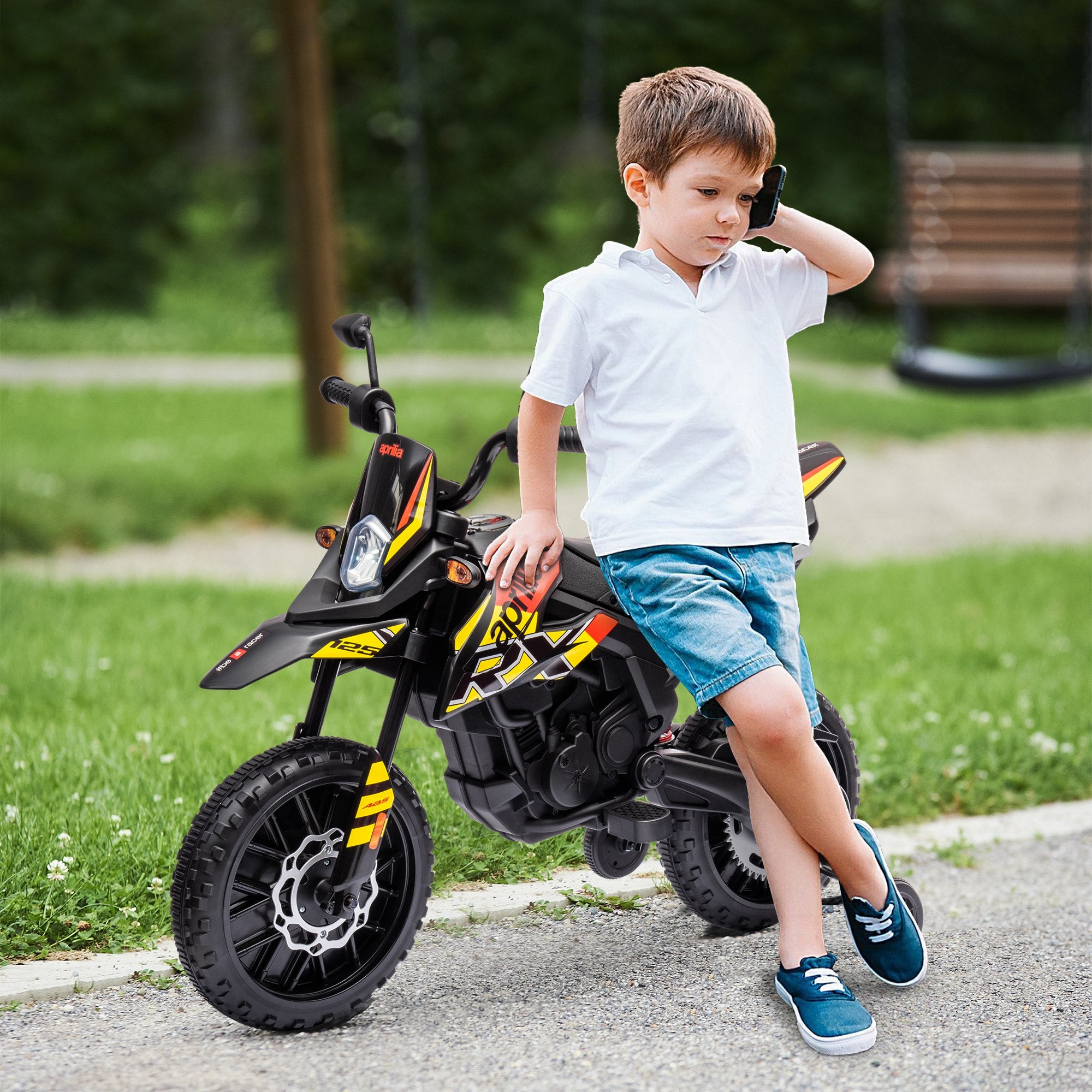 12V Aprilia Licenced Kids Motorbike with Training Wheels, Spring Suspension, LED Light, USB, Music, Yellow