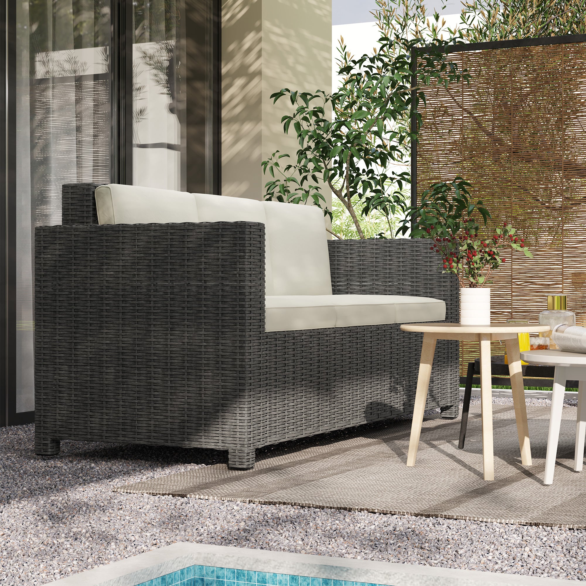 3 Seater Rattan Sofa with Fire Resistant Cushions Cream